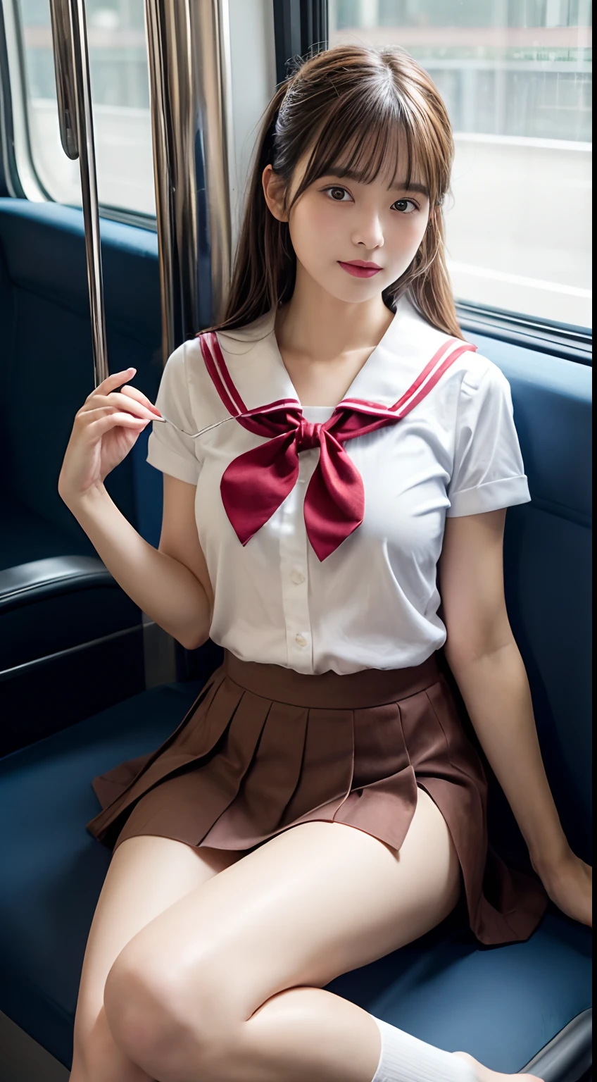 ((Superior Quality, 8K, tmasterpiece: 1.5))、Japan girl、18year old、Pubic area is clear: 1.2、Perfect Body Beauty: 1.4、8.5 head body、((high-school uniform、red bowtie:1.5))、pleatedskirt、cleavage of the breast、Country house、sofas、sleep、Thigh opening、(Lace white panties、Show panties:1.5)、Sexy upper eyes、happiness、Guerra guerra laugh
