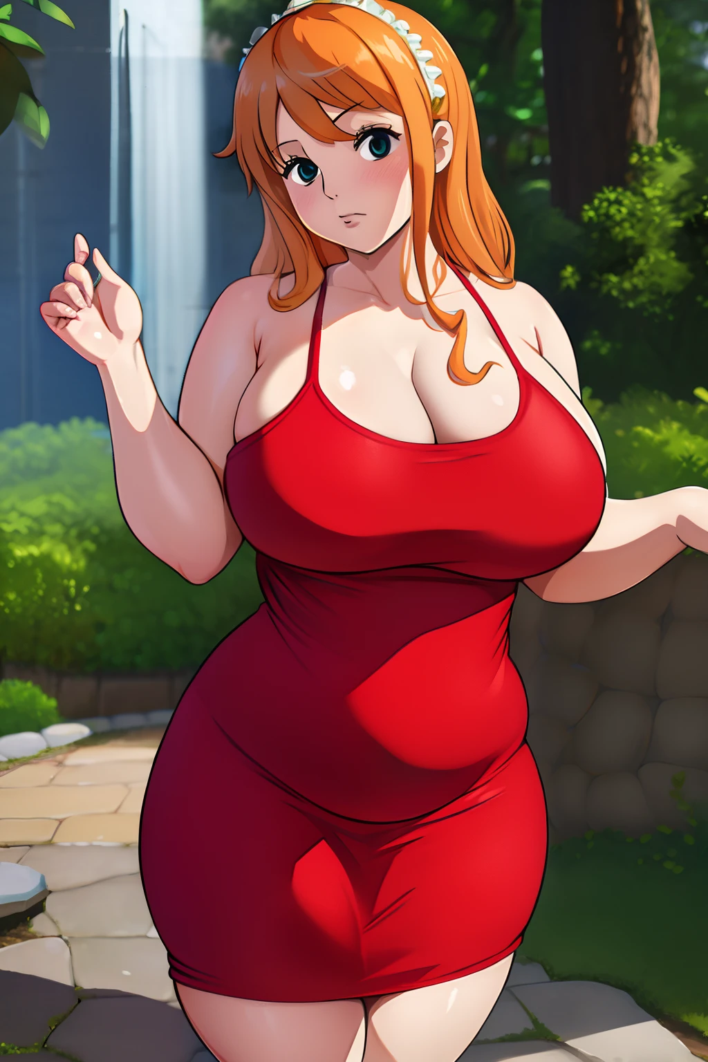 masterpiece, (photorealistic), (8k wallpaper) , (best quality), perfect quality, solo, (detailed eyes:0.9), Nami, beautiful face, cute face, young, very chubby, small breasts, curvy, fat rolls, belly rolls, chubby belly, fat thighs, very plump, sexy pose, sexy, big deep navel, tight red dress, muffin top, love handles, fed up, fatty