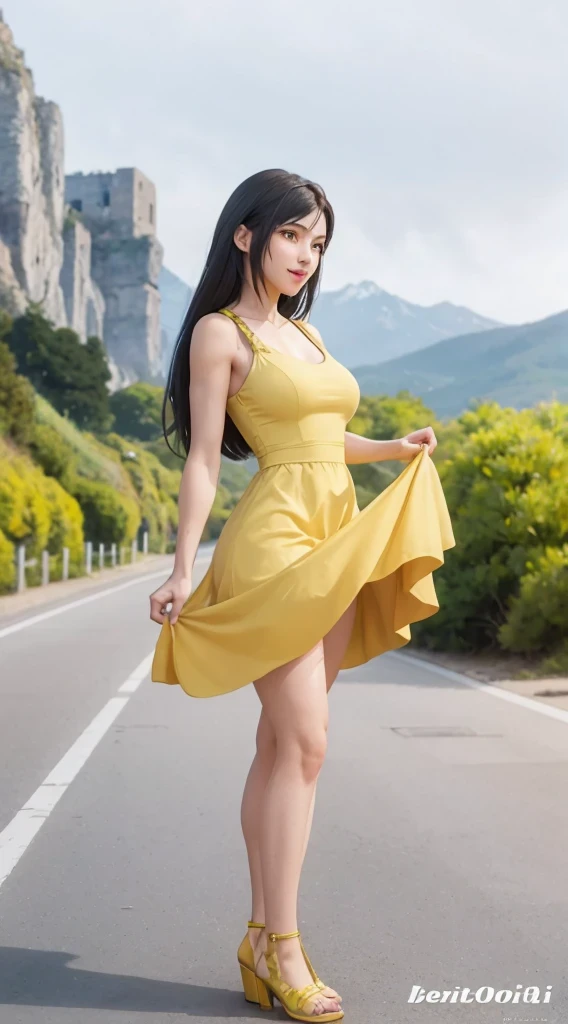 Tifa Lockhart, rosto delicado, detailed facial features, belos olhos detalhados, beautiful detailed lips, olhos e rosto extremamente detalhados, long eyelashes, beleza estonteante, flowing dark hair, confident expression, sorriso sedutor, Athletic Physique, figura esbelta, vestindo uma roupa de couro, postura poderosa, Rodeado por uma paisagem urbana vibrante, dynamic action, mostrando suas habilidades em artes marciais, high-quality illustration, retrato realista, vivid colors, dramatic lighting. (best quality, ultra-detalhado, Realistic:1.37), HDR, studio lighting.