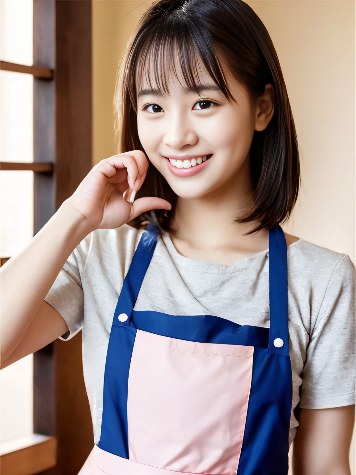 best quality,masterpiece,ultra high res,(photo realistic:1.4),1girl,looking at viewer,japanese woman,Wearing an apron in the kitchen,skirt,(smile:1.5),
