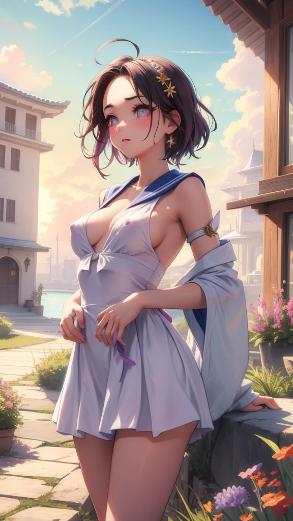 (Masterpiece, Best Quality:1.1), 1girl, 独奏, Average Breasts, Lavender eyes, Looking Up, sun rising, radiant, luminous, leaning back, Hand under the chest, breast retention, exteriors, Sculpture Park, Art, sculpture, Nature, contemporary, innovative, contemporary, Landscape art, Art Installations, Short hair, swept bangs, ahoge, Open sailor dress, You can see the chest, You can see the nipples, You can see the pussy, Jewelry, Surprised, wide eyes, Prominent forehead, Narrow mouth, long eyelashes,