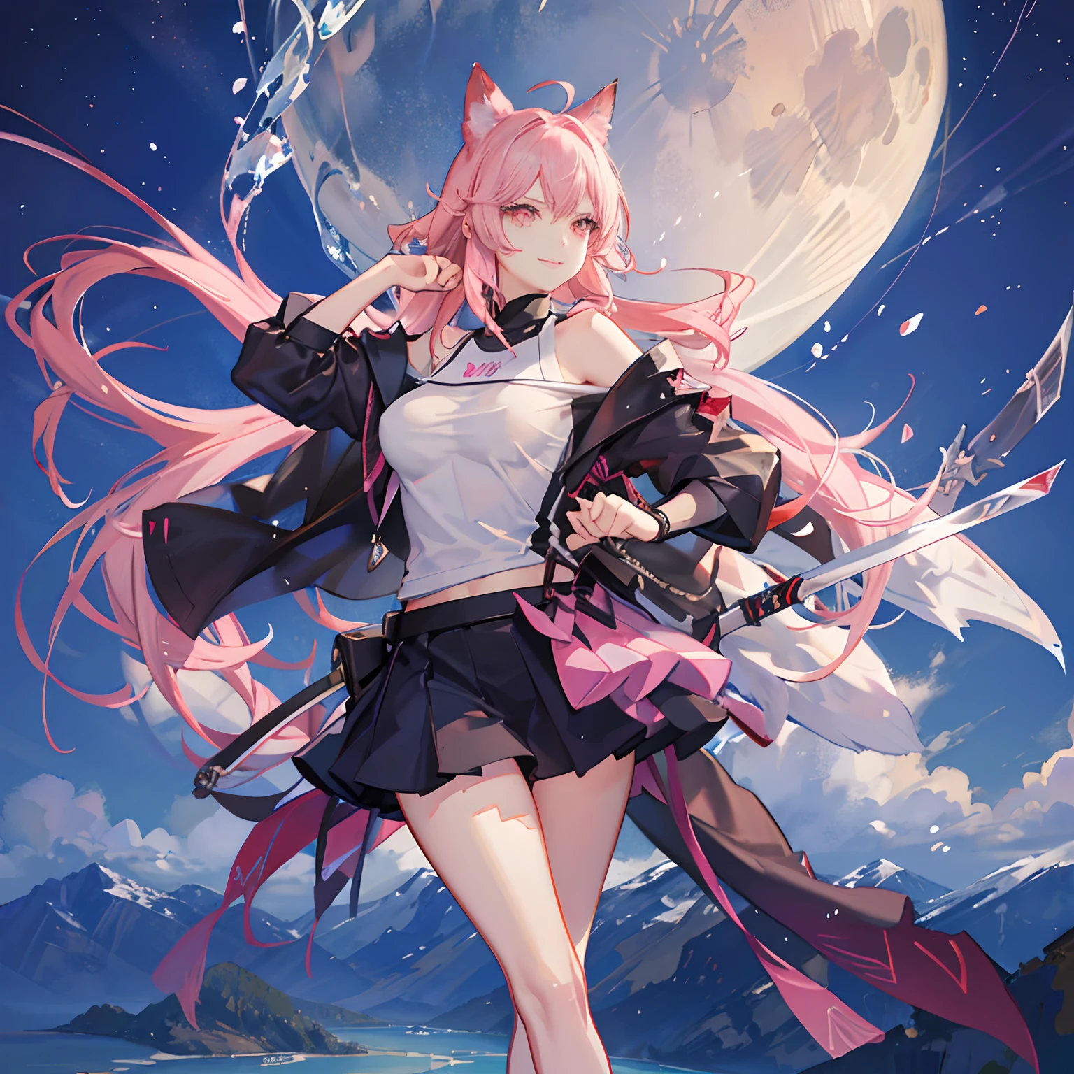 "anime girl, 1 person, pink hair, pink cat ears, pink eyes, t-shirt, white t-shirt, with twin takana swords on the back, takana sword, black women's off-the-shoulder jacket, black miniskirt, big breasts, There are ice crystals flying around behind, holding a sword, fighting, dual takana swords, smiling triumphantly, solo, frontal view, standing cross-legged. (full HD 4K+ image)"
