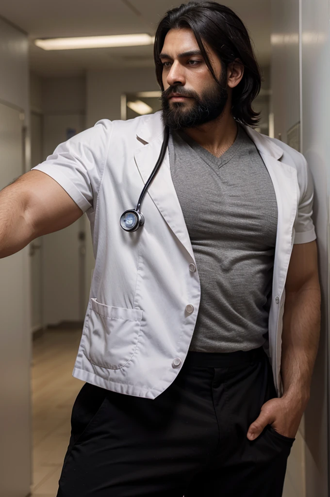 a black haired hairy hunky male doctor in uniform with huge muscles and full beard
