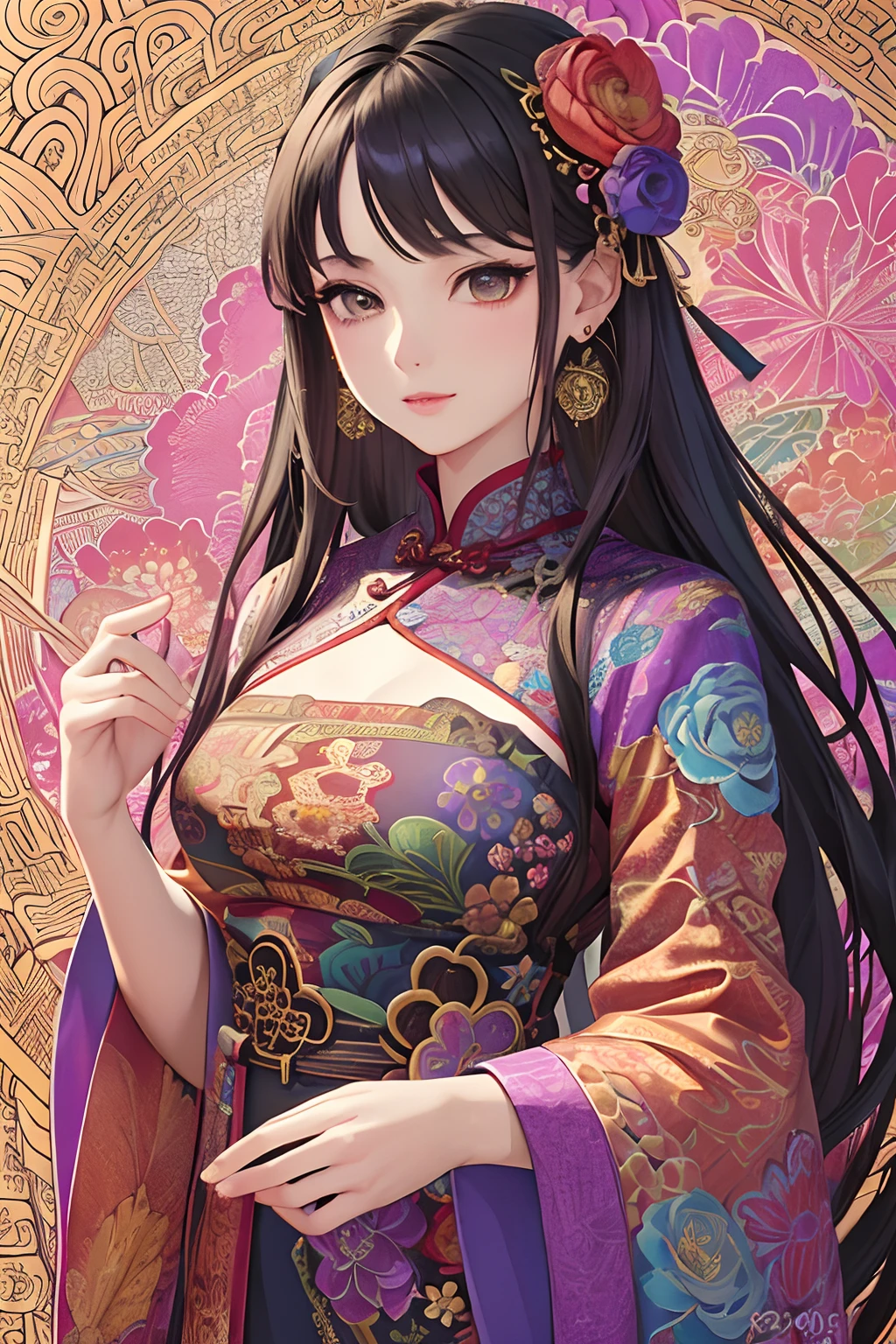 (masterpiece, top quality, best quality, official art, beautiful and aesthetic:1.2), (1girl:1.3), extremely detailed,(fractal art:1.1),(colorful:1.1)(flowers:1.3),highest detailed,(zentangle:1.2), (dynamic pose), (abstract background:1.3), (chinese Traditional cloth:1.2), (shiny skin), (many colors:1.4), ,(earrings:1.4),