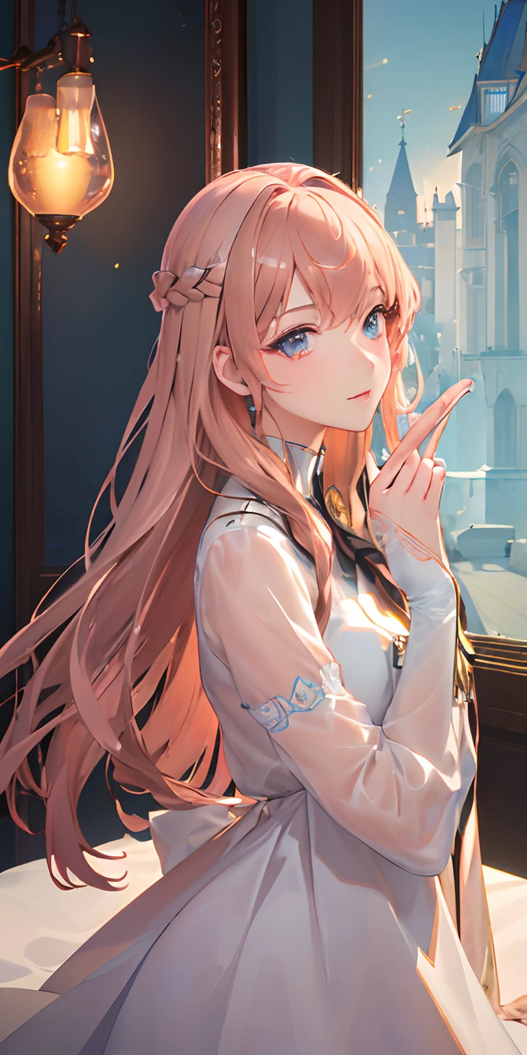 (Photorealsitic:1.4), (masterpiece, side lights, Exquisite beautiful eyes: 1.2), masterpiece*portlate, realisitic, 3D 顔, Luminous eyes, shiny hair, Glossy skin, 独奏, embarrassed from, (hason), (Rose gold hair)