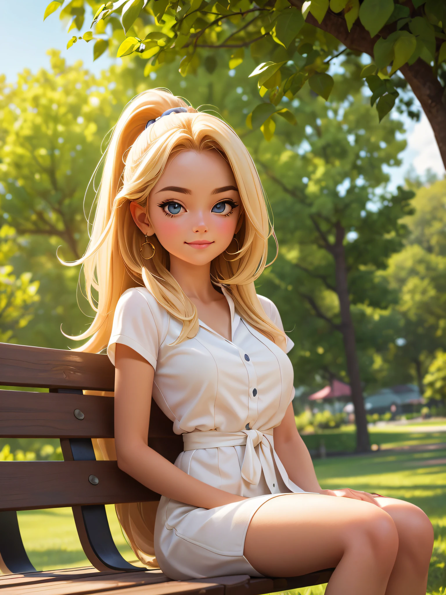 (master part), best quality, olhos expressivos, rosto perfeito, Create a personal and intimate portrait of a stunning young blonde woman sitting on a wooden bench in a park on a sunny day. cute shy smile. Use a Sony α7 III camera with an 85mm lens at F 1.Aperture setting 2 to blur the background and isolate the subject. The park should have lush greenery and flowers in the background to add a natural and peaceful vibe to the image. Use dreamlike lighting with soft sunlight falling over the subject's face and hair. The image should be shot in high resolution and in a 9:Ratio 16. Credits for Tipseason.com. Use o Midjourney v5 com o modo fotorrealismo ativado para criar uma imagem ultrarrealista que captura a beleza natural e a personalidade do sujeito.
