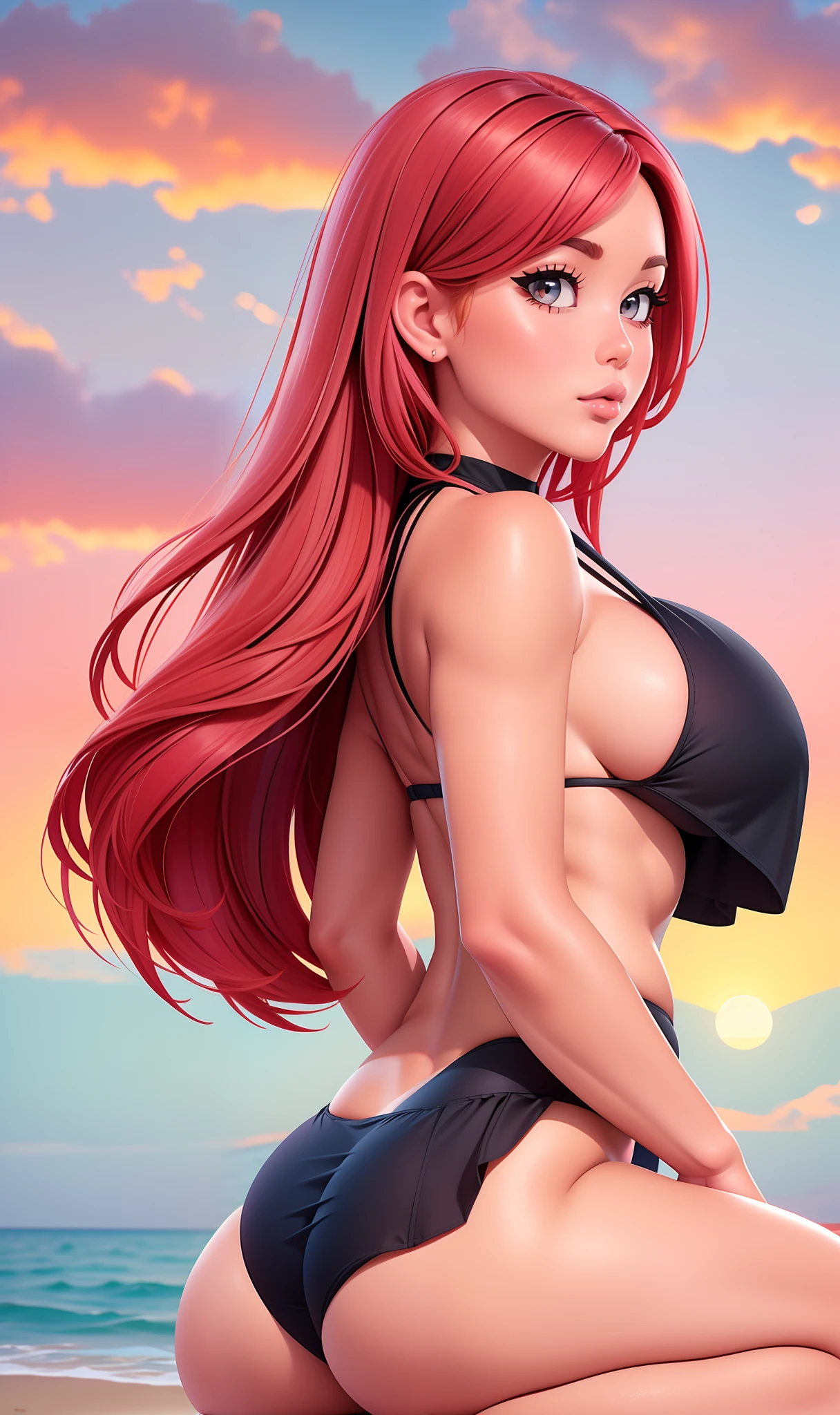 picture of a beautiful young red haired woman in a black bikini sitting on a beach, beautiful portrait, Sunrise, pink sky, blue sea, marin kitagawa fanart, seductive girl, thicc, she has a jiggly fat butt, large heavy breasts, cutesexyrobutts, beautiful alluring woman, (Masterpiece, Top Quality, 8k, dynamic)