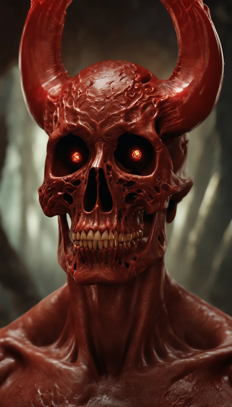 (ultra - detailed, A high resolution, Best quality at best, actual:1.37), Blood-red skull, Bone structure, full-body portraits, The presence of demons, fleshy texture, Surreal art, vivd colour, dramatic lights