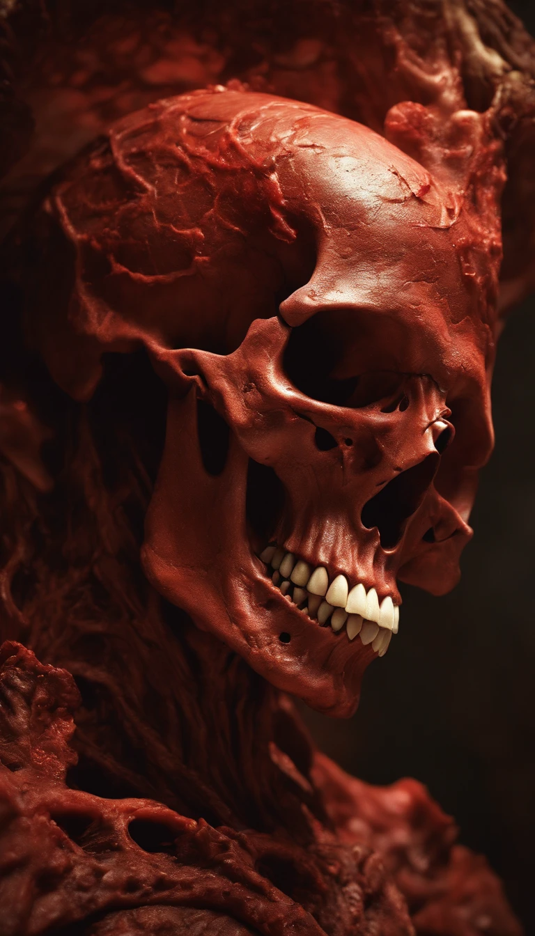 (Ultra-detailed, A high resolution, Best quality, Realistic:1.37), Blood-red skull, Bone structure, full-body portraits, The presence of demons, Meat texture, Surreal art, Vibrant colors, Dramatic lighting