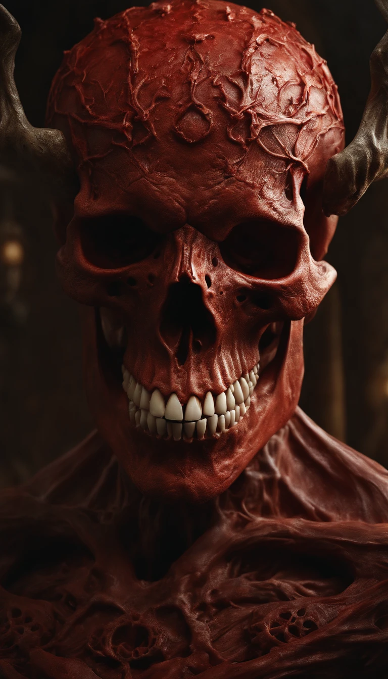 (Ultra-detailed, A high resolution, Best quality, Realistic:1.37), Blood-red skull, Bone structure, full-body portraits, The presence of demons, Meat texture, Surreal art, Vibrant colors, Dramatic lighting