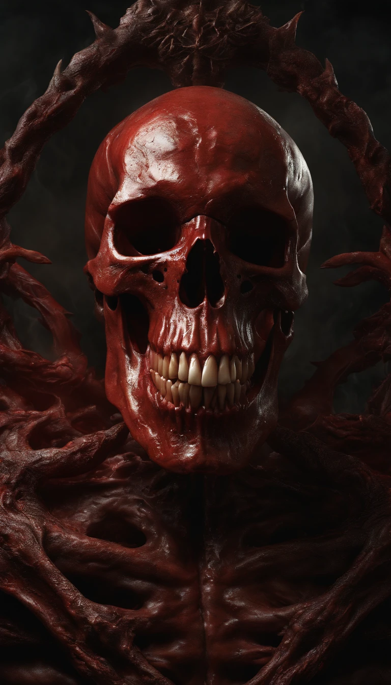 (Ultra-detailed, A high resolution, Best quality, Realistic:1.37), Blood-red skull, Bone structure, full-body portraits, The presence of demons, Meat texture, Surreal art, Vibrant colors, Dramatic lighting
