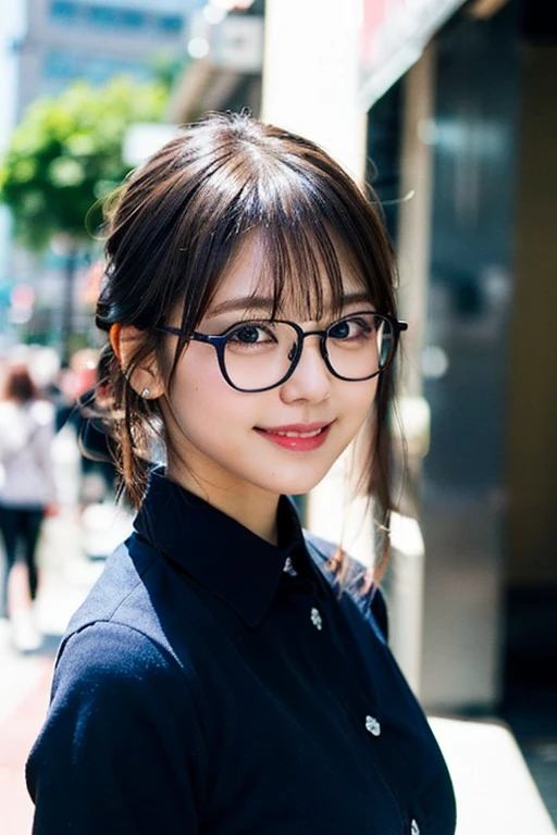 (8K、Raw photography、top-quality、masterpiece:1.2)、(realisitic、Photorealsitic:1.37)、ultra-detailliert、超A high resolution、女の子1人、see the beholder、beautifull detailed face、A smile、Constriction、(Slim waist) :1.3)、((Navy blue shirt clothes))、Beautiful detailed skin、Skin Texture、Floating hair、((Hair bunched into one))、large breasts with good shape、Professional Lighting、In front of the station at noon、((Black round glasses))、Whole human body、Red hair、((On the phone))、