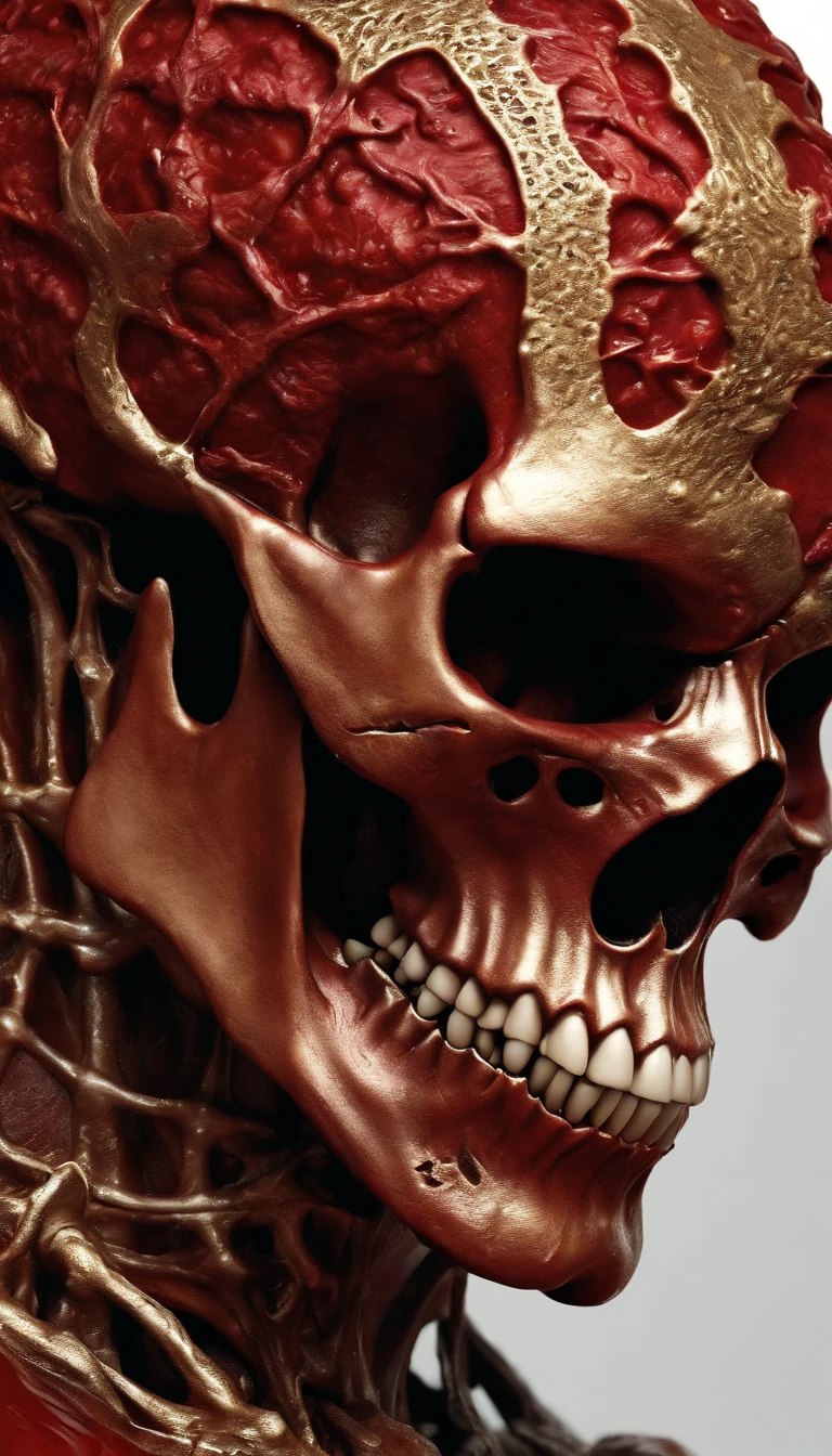 (Ultra-detailed, A high resolution, Best quality, Realistic:1.37), Blood-red skull, Bone structure, full-body portraits, The presence of demons, Meat texture, Surreal art, Vibrant colors, Dramatic lighting