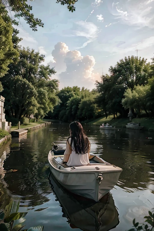 Cemetery inside the river with a girl inside a boat passing by