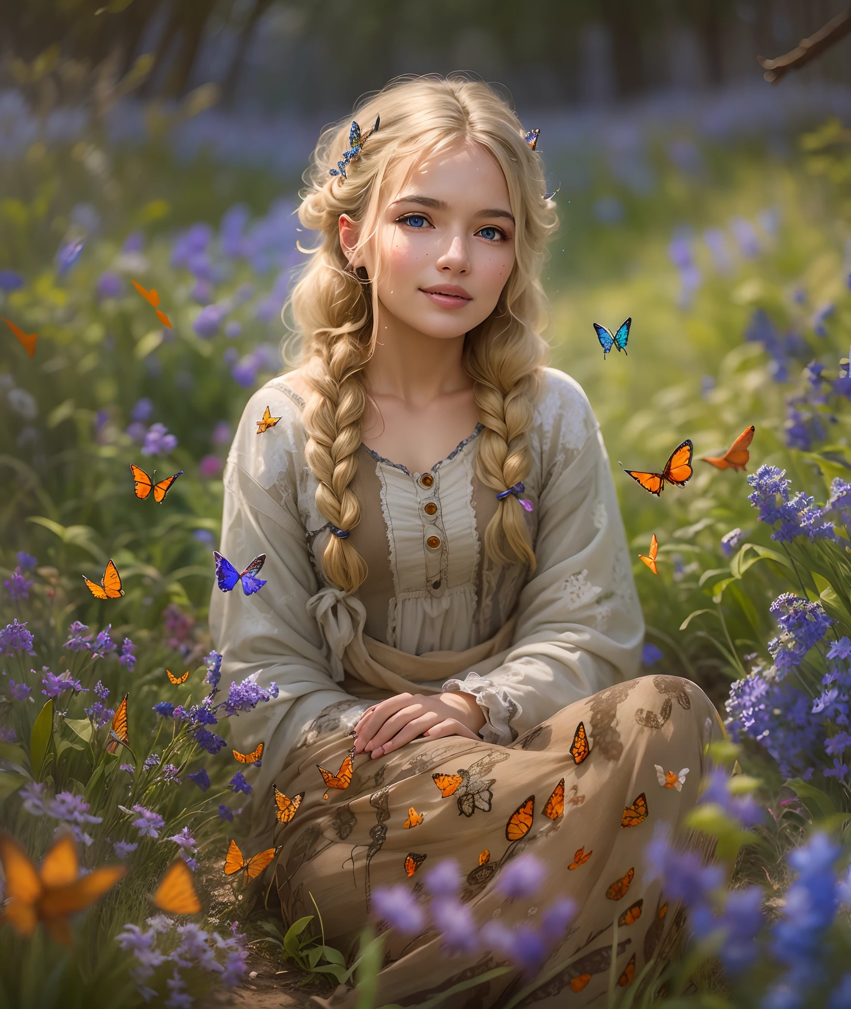blond-haired girl with braids, blue eyes, and red cheeks, sitting amidst a vibrant field of bluebells in Norway, (photorealistic:1.37) masterpiece:1.2, ultra-detailed, HDR, vivid colors, professional lighting, delicate brushstrokes, dreamlike atmosphere, ethereal beauty, enchanting scenery, fairytale-like setting, fresh spring breeze, gentle sunlight filtering through the trees, serene and peaceful ambiance, exquisite floral patterns on her dress, genuine joy reflected in her eyes, a sense of innocence and wonder, a playful interaction with (butterflies:1.4), distant snow-capped mountains, crystal-clear lake shimmering in the distance, lush greenery surrounding the scene, intricate braids adorned with wildflowers, delicate freckles on her nose, an expression of pure happiness, a moment frozen in time, a perfect blend of nature and human presence.