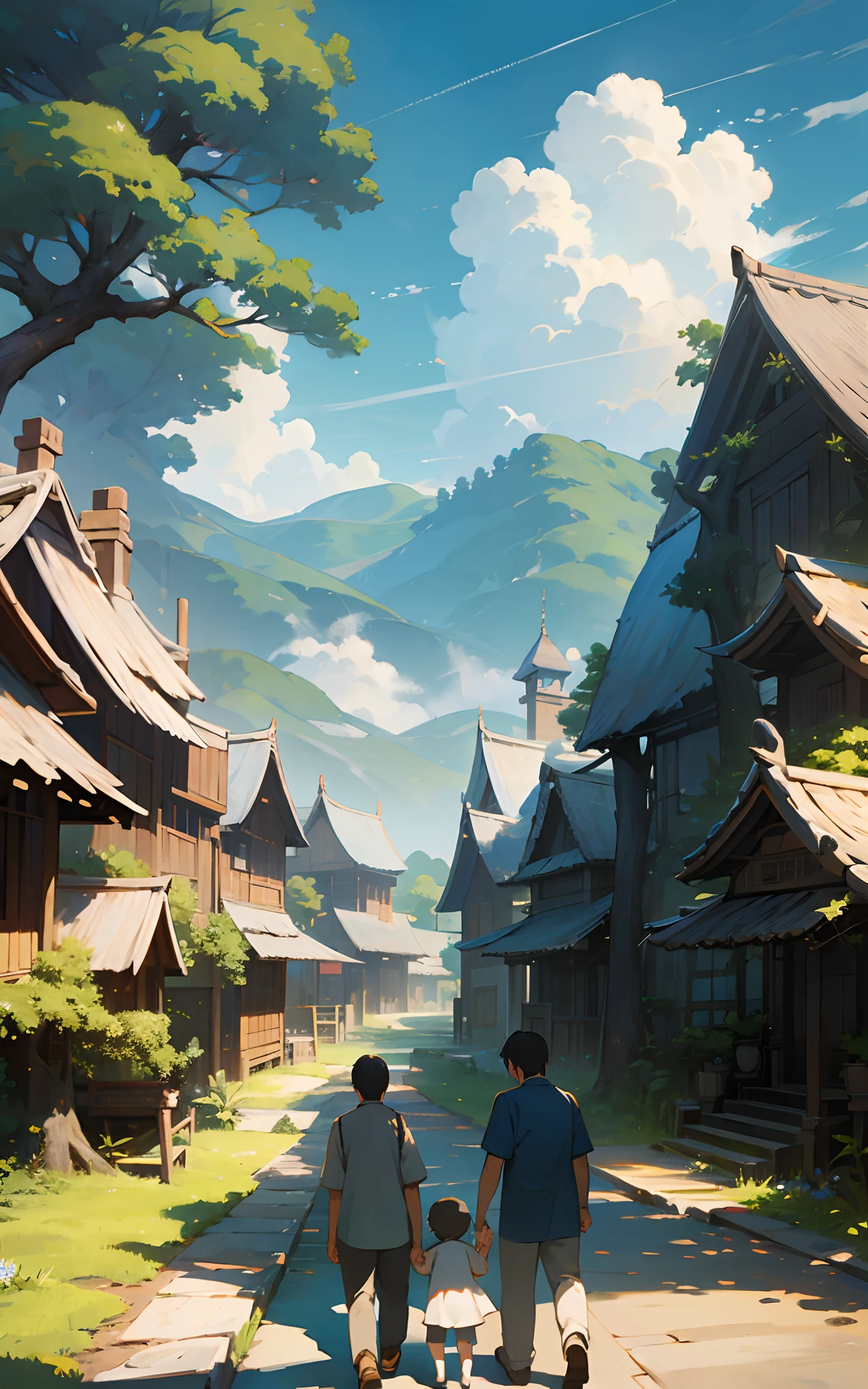 Three people, Father, male , and mother, Walking、The tree々Overgrown villages、Blue summer sky