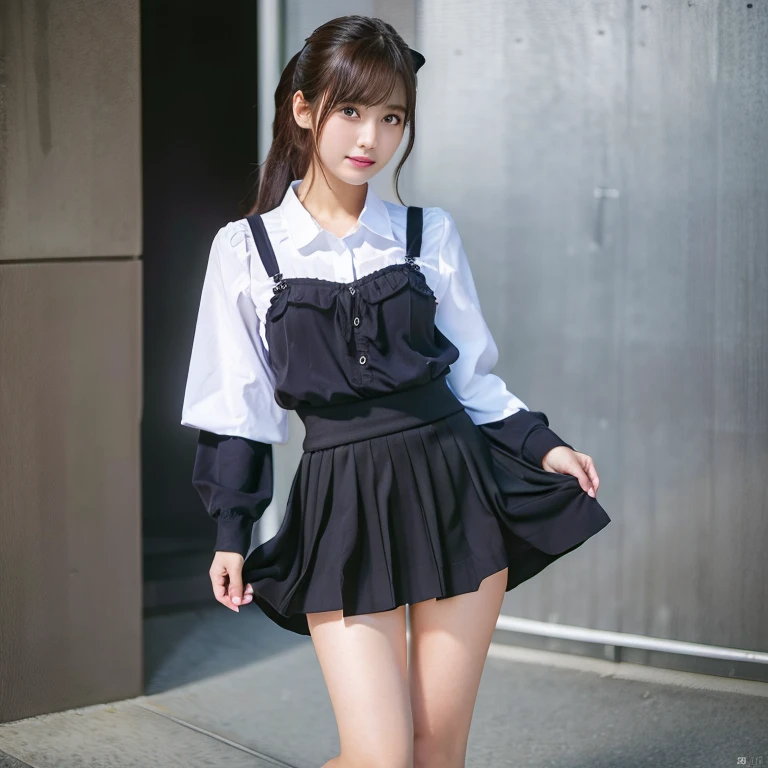 The skirt is twisted by the wind, (Best Quality,4K,8K,hight resolution,masutepiece:1.2),Ultra-detailed,(Realistic,Photorealistic,Photorealsitic:1.37),cute-style,pleatedskirt,Dribbling High Detail 8K,Studio Lighting - V 6, Real life girls, portrait of a japanese , is standing, Panties are visible, Randomly cute clothes