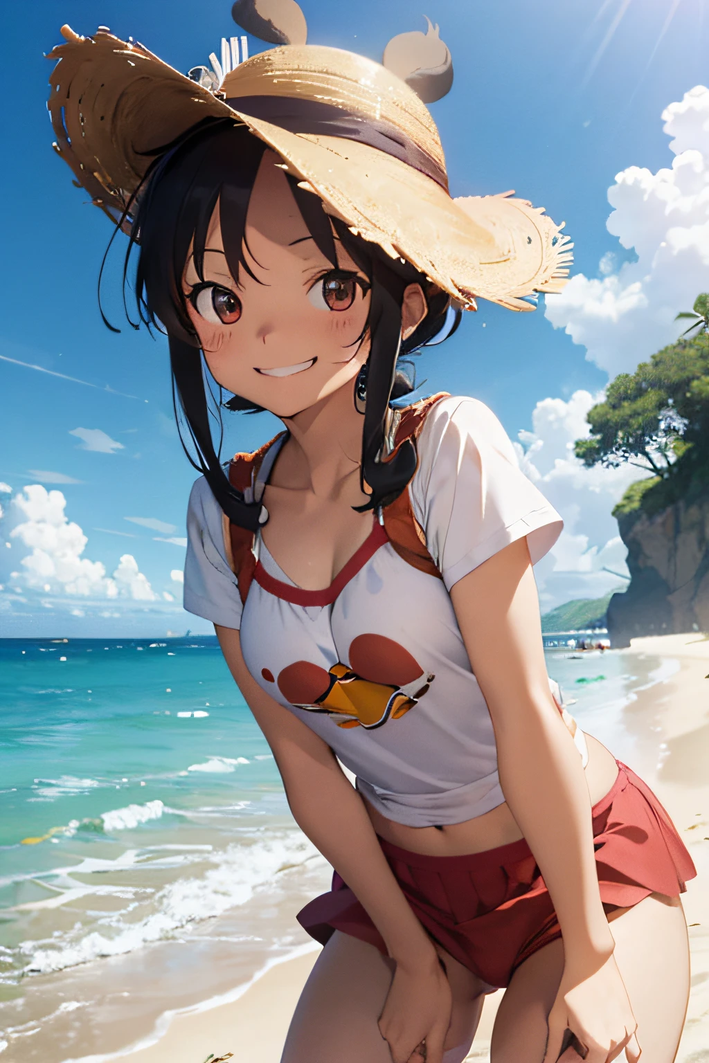 make a poster of Disney Luffy lying happily on the beach smiling