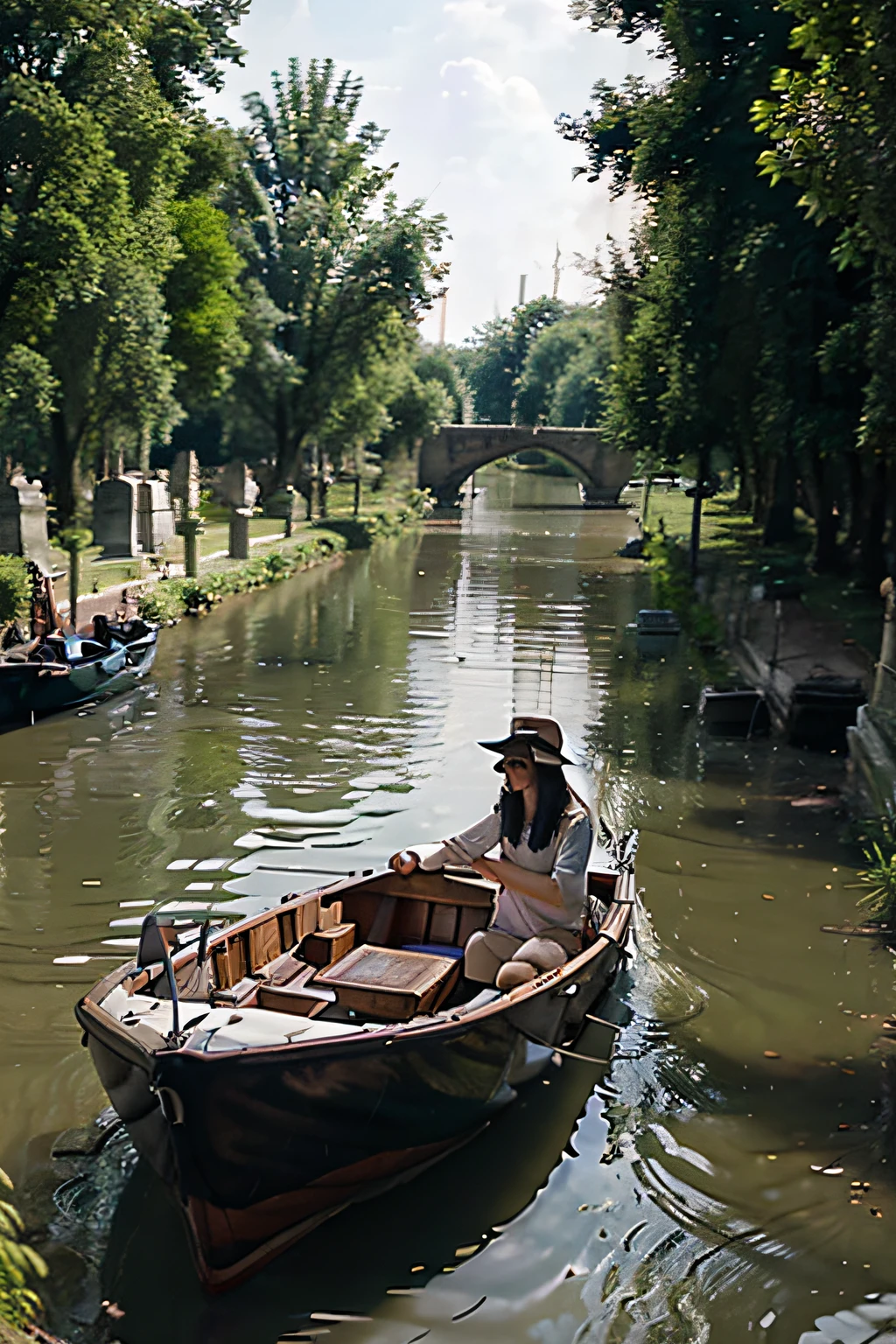 Cemetery inside the river with a girl inside a boat passing by