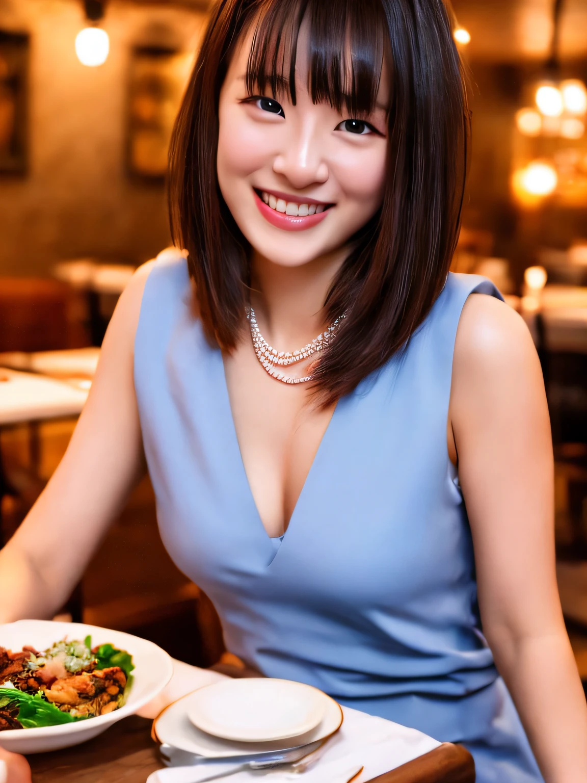 Product quality, 1 girl per 1 photo, Cowboy Shot, Front view, a Japanese young pretty girl, Long bob hair, Wearing a wedding ring, Have an evening dinner with a big smile at a fine London restaurant, Sitting on a chair in front of the table, Beer and beef and vegetables on the table, Wearing a long length sleeveless shiny satin coral red dress, a necklace, hyper cute face, Glossy lips, double eyelids for both eyes, Natural makeup, shiny smooth light brown hair of a long bob hair, asymmetrical bangs, Tanned skin, central image, 8K resolution, high detailing, detailed hairstyle, Detailed face, Cinematic lighting, Octane Rendering, Hyper realistic, Perfect limbs, Perfect Anatomy