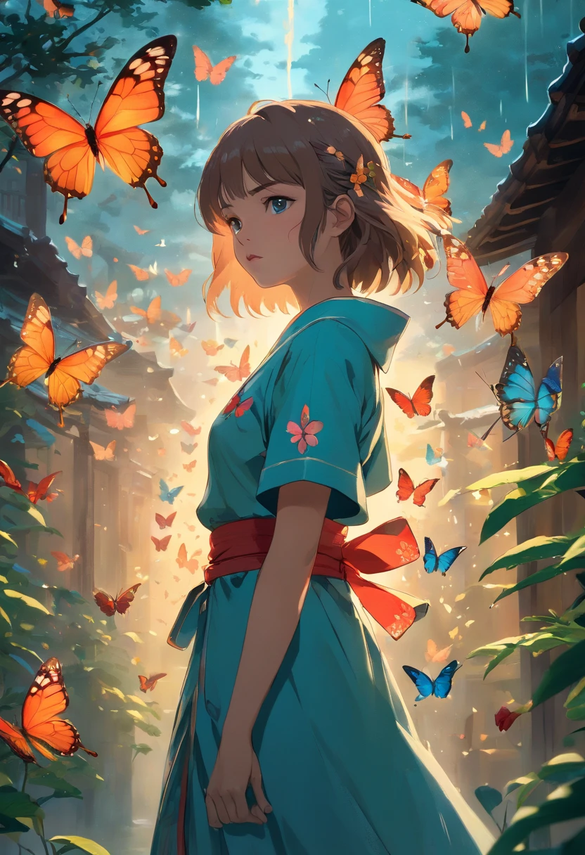 Rain of butterflies ((32k UHD high detail, 16k cinematic art)) studio photo, 1.15, "Create a dreamy and surreal photograph featuring a female samurai, set within a tranquil courtyard. The composition should be a medium long shot, capturing the essence of the scene. Infuse soft, pastel colors that evoke a sense of otherworldly beauty. The lighting should be diffused, creating an ethereal ambiance that transports the viewer to a realm where reality blurs with the surreal. Emulate the style of the talented artist Marta Bevacqua, known for her ability to craft enchanting and emotionally charged visual narratives. This photograph should not merely be an image but a gateway to a captivating dreamscape, where a female samurai becomes the embodiment of grace and strength in a world that defies conventional reality, film grain style fujifilm XT3