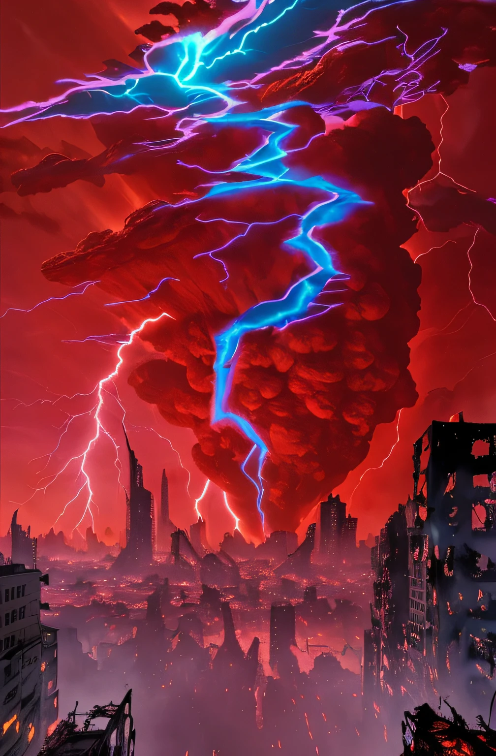 Various monsters flying around and destroying a city in a red sky with an open lightning-shaped blue rift through which monsters exit, City completely destroyed with burnt buildings, Anime 2D, alta qualidade