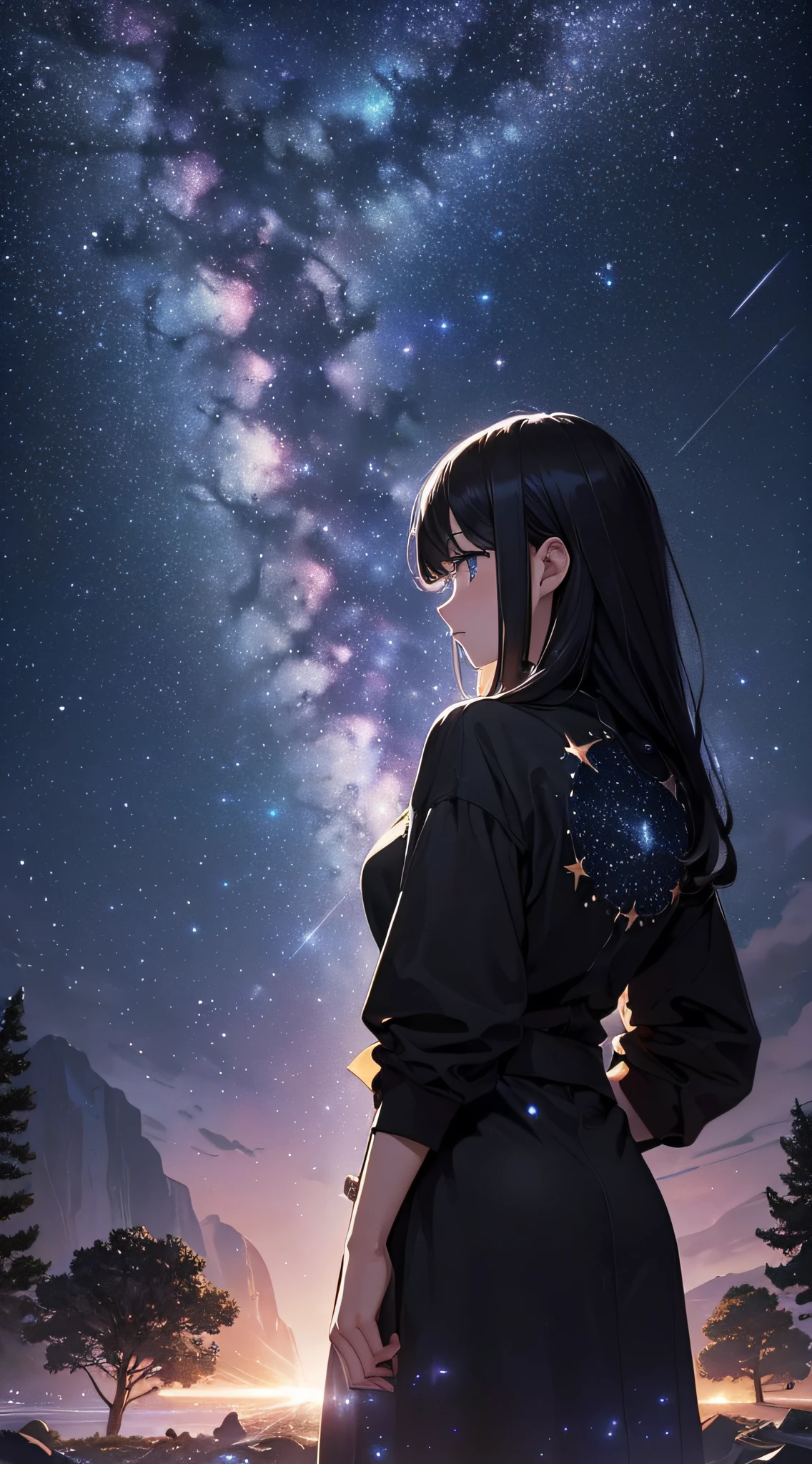 Starry Sky with a girl looking at the stars, The Tranquility of Infinite Stars, The girl is gazing at the sky, Starry Sky8k, With the starry sky, Galaxy-like background, 空はStarry Sky, Seeing off the universe, Starry Sky, Starry sky and night time, Awesome Wallpapers, Background infinite universe