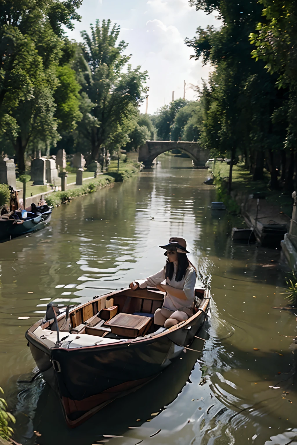 Cemetery inside the river with a girl inside a boat passing by