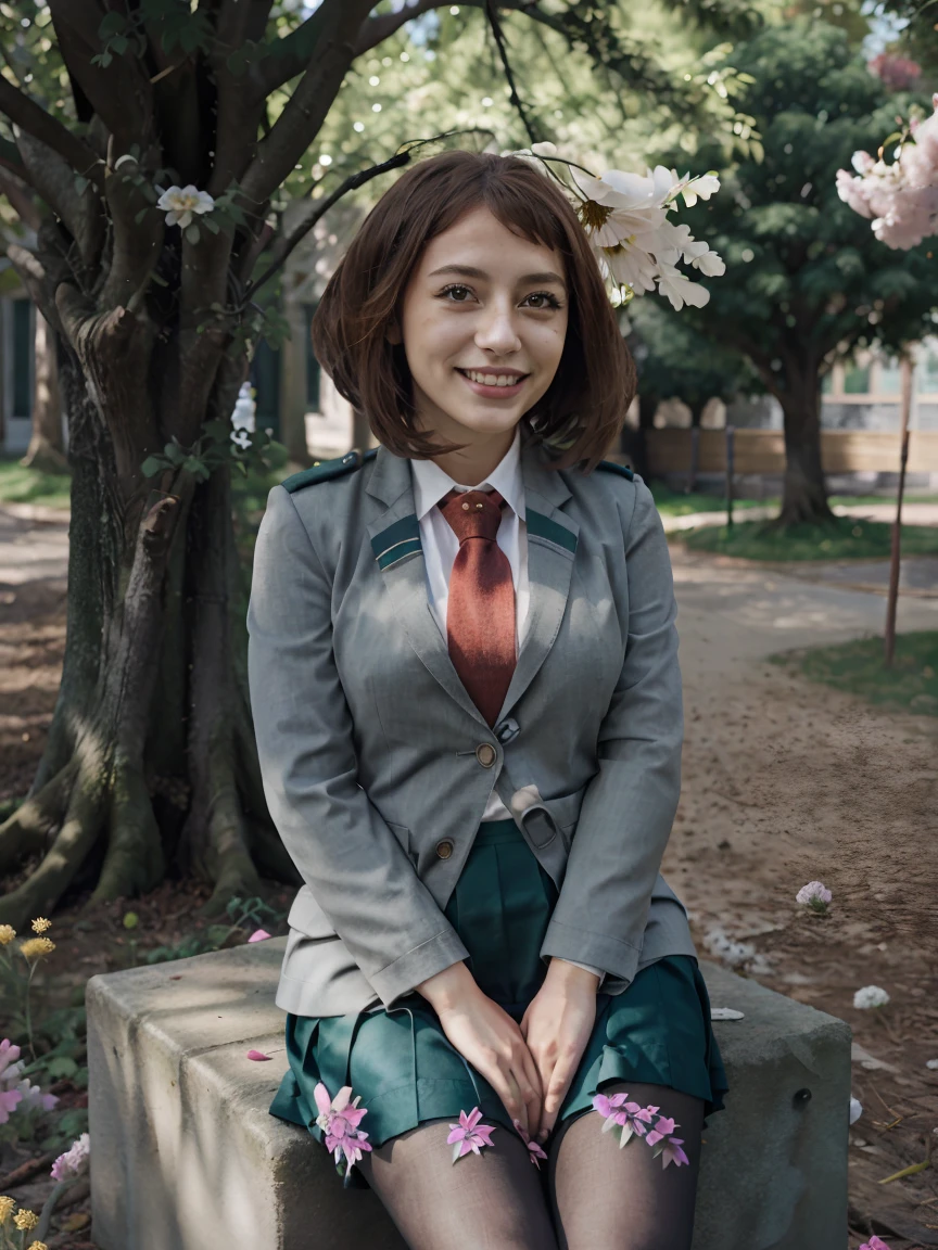 a beautiful and detailed character portrait of ochako, brown hair, school uniform, pantyhose, green skirt,grey coat, tie, , smile, trees, ((flowers)), bushes,solo, cinematic lighting, shaded, sit, park