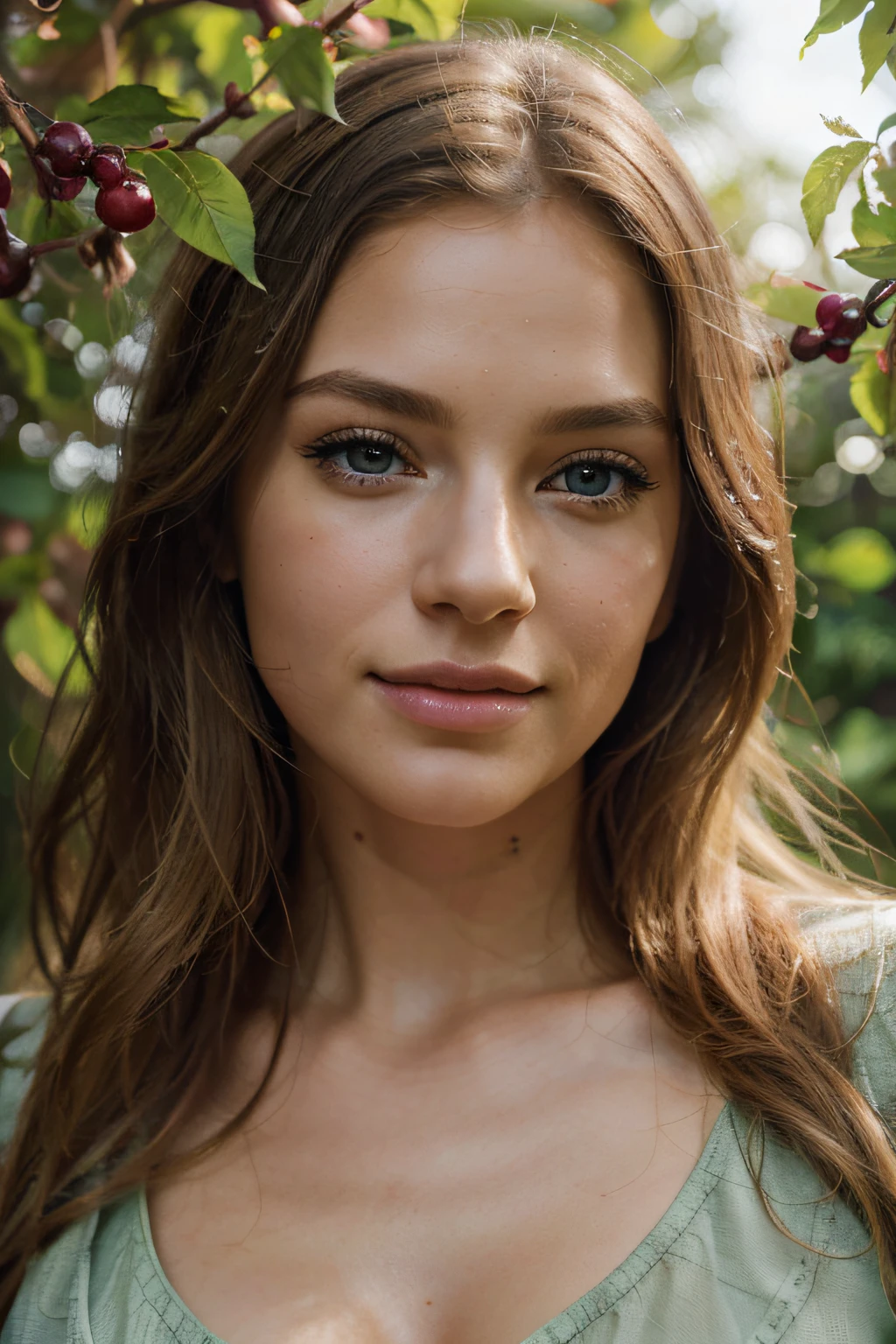 "(best quality,4k,8k,highres,masterpiece:1.2),ultra-detailed,(realistic,photorealistic,photo-realistic:1.37),girl,beautiful detailed eyes,beautiful detailed lips,extremely detailed eyes and face,long eyelashes,(portraits:1.1),medium,blonde hair,green eyes,staring at the camera,defiant expression,breathtaking beauty,fruit trees in a garden,vibrant colors,sunlight shining through the leaves,fresh and serene atmosphere". smiles