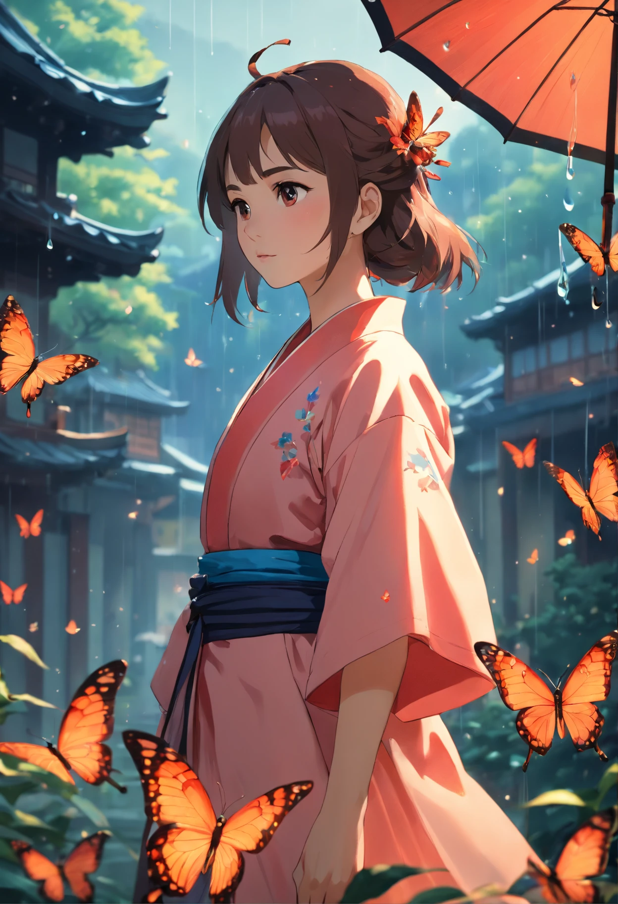 Rain of butterflies ((32k UHD high detail, 16k cinematic art)) studio photo, 1.15, "Create a dreamy and surreal photograph featuring a female samurai, set within a tranquil courtyard. The composition should be a medium long shot, capturing the essence of the scene. Infuse soft, pastel colors that evoke a sense of otherworldly beauty. The lighting should be diffused, creating an ethereal ambiance that transports the viewer to a realm where reality blurs with the surreal. Emulate the style of the talented artist Marta Bevacqua, known for her ability to craft enchanting and emotionally charged visual narratives. This photograph should not merely be an image but a gateway to a captivating dreamscape, where a female samurai becomes the embodiment of grace and strength in a world that defies conventional reality, film grain style fujifilm XT3