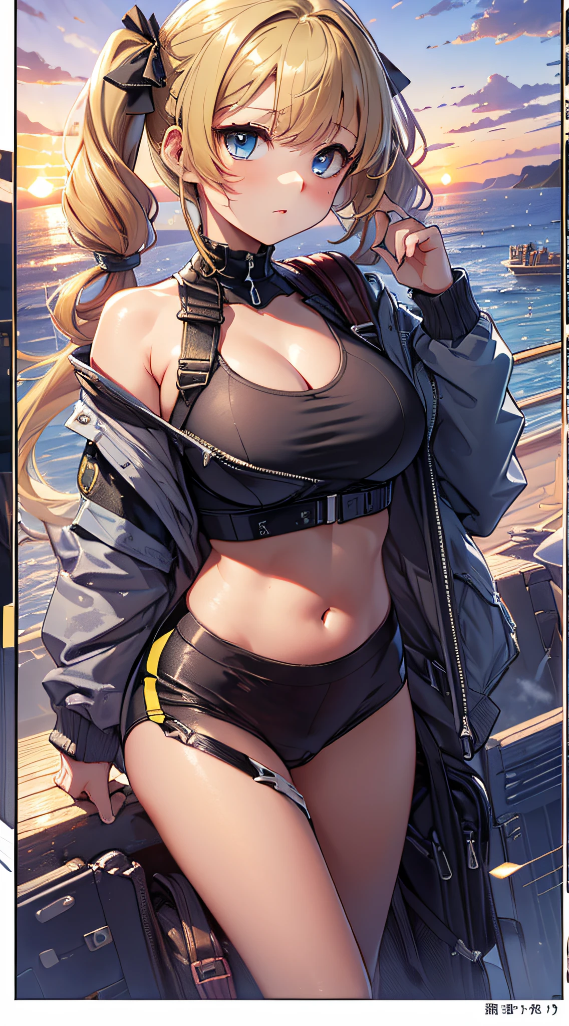 top-quality、Top image quality、masterpiece、girl with((18year old、Best Bust、big bast,Beautiful blue eyes、Breasts wide open, Blonde twintails、A slender,Large valleys、Black Sports Bra、Black pants、black rucksack、Hold your right hand in front of you、Fluttering hair))hiquality、Beautiful Art、Background with((Wide port、sunrises,strong breeze、Mare、vague)))、,masutepiece、visualart、depth of fields、