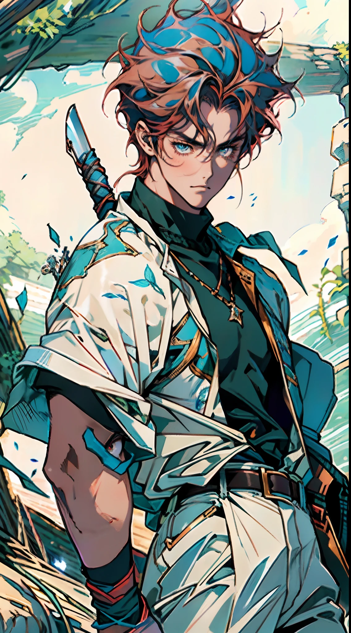 A teenage boy, short brown hair, spiked in the middle with a tuft of red hair, sharp gaze, a playful smile, a fantasy-style two-piece outfit, a dark-colored tight-fitting undershirt, a light-colored vest with wave patterns, a multifunctional belt, utility trousers, the surroundings depict swiftly flowing air, a high-speed blurred background, conveying a sense of speed, this character embodies a finely crafted fantasy-realistic style adventurer in anime style, characterized by an exquisite and mature manga illustration art style, high definition, best quality, highres, ultra-detailed, ultra-fine painting, extremely delicate, professional, anatomically correct, symmetrical face, extremely detailed eyes and face, high quality eyes, creativity, RAW photo, UHD, 8k, Natural light, cinematic lighting, masterpiece--perfect, masterpiece:1.5