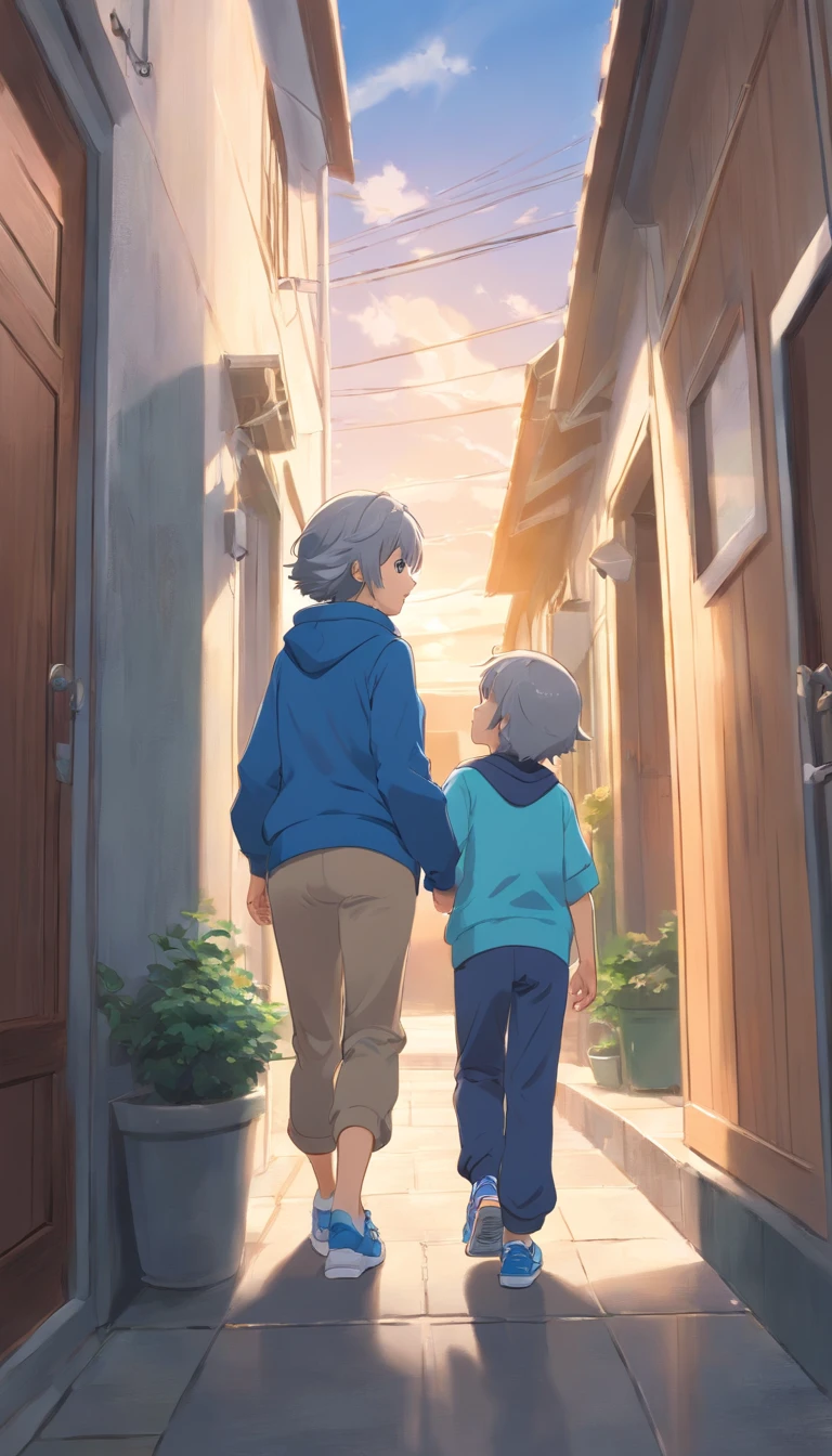Gray-haired woman with cross-headed mom in blue clothes, light brown pants, sneakers, pushing the child out of the house
