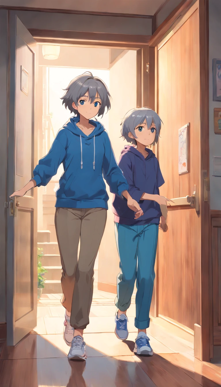 Gray-haired woman with cross-headed mom in blue clothes, light brown pants, sneakers, pushing the child out of the house