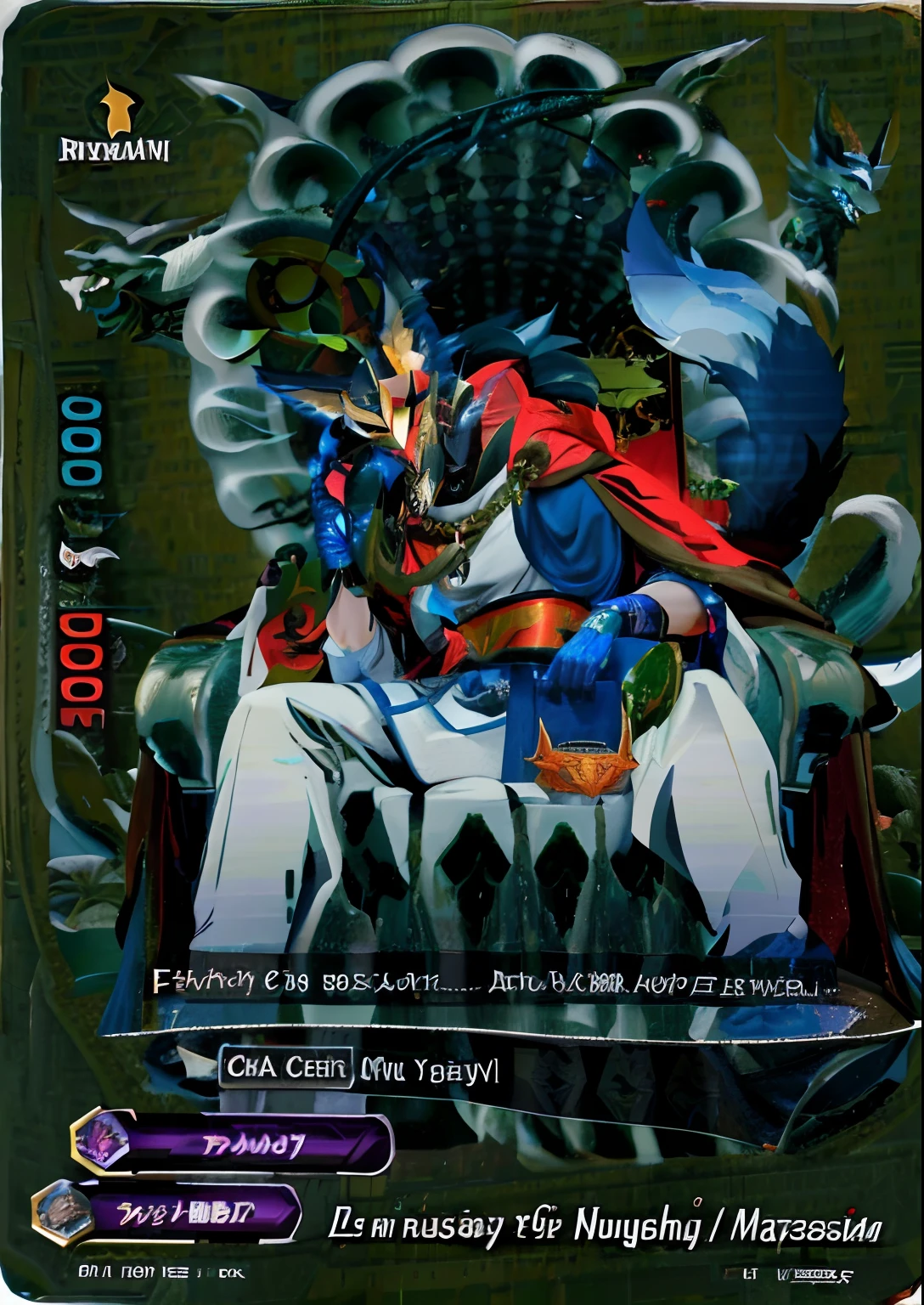 a close up of a card with a person sitting on a chair, mystical anubis valkyrie, full art, the front of a trading card, fox nobushi, but as an anthropomorphic dragon, ultra mega super hyper detail, anatomically correct vulpine, an epic majestical degen trader, trading card, hyper detailed ultra sharp, darius puia