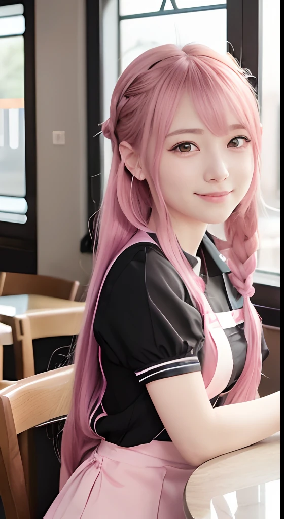 high-level image quality、Anime girl with long hair and restaurant uniform posing for photo、Shibuya、Goodbye Pose、up close shot、(A smile:1.5)、sayori, Anime visuals of cute girls, anime moe art style, loli in dress, Anime girl in restaurant uniform, pretty anime girl, (Anime Girl), Cute anime girl, Cute anime waifu in restaurant uniform, charming anime girls, Have a walkie-talkie、Beautiful anime girl, Rin, Smooth Anime CG Art、(Pink hair), Ear Hair, small tits, Single braid, (Single braid), (Side braid)