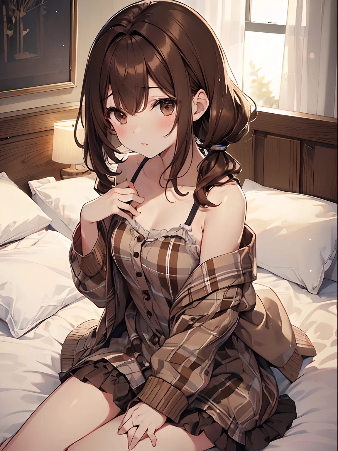 ((Bedroom at night:1.2))、((darkened room:1.2))、(Highest quality illustrations:1.2), (Kawaii Girl:1.1), (1girl in, 独奏:1.5), (1girl in、、childish、One pose、cute little、Neat and clean image、tiny chest:1.5、ultradetailed eyes:1.2)、(small tits,flat breast:1.1)、((Brown-eyed、Brown hair:1.5))、(shorth hair)、hair wavy、curlyhair、bangss、low twintails、short twintails、((sexy pose)), pajamas、Sexy Pajamas、Light blue checked pajamas、Unbutton the chest、((The chest is open))、off shoulders, The upper part of the body、Sleepy face、yawning、absence、Brown hair、shorth hair、hair wavy、low twintails、BREAK(top-quality、ultra-detailliert、highly detailed and beautiful、超A high resolution、Detailed arm:1.2)、a closeup、bustup, Wink