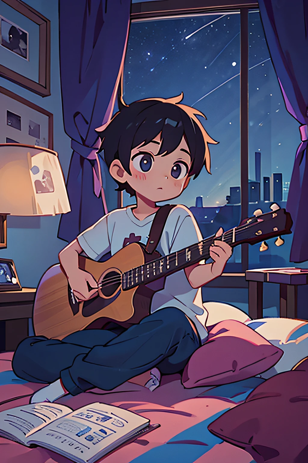 Masterpiece,Best Quality,Guitar Boy,Cozy room,night sky