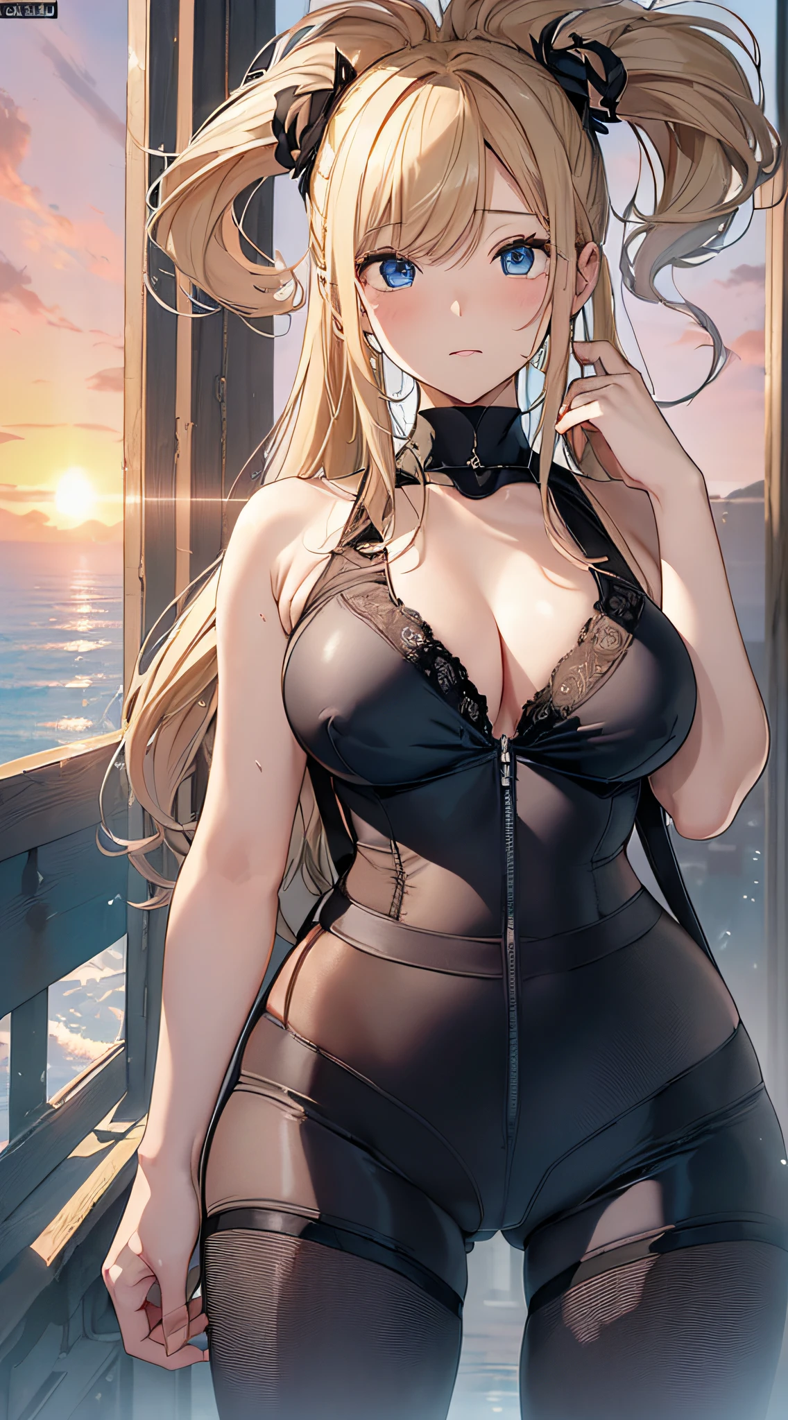 top-quality、Top image quality、masterpiece、girl with((18year old、Best Bust、big bast,Beautiful blue eyes、Breasts wide open, Blonde twintails、A slender,Large valleys、Black Sports Bra、Black pants、black rucksack、Hold your right hand in front of you、Fluttering hair))hiquality、Beautiful Art、Background with((Wide Ports、sunrises,strong breeze、mare、vague)))、,masutepiece、visualart、depth of fields、