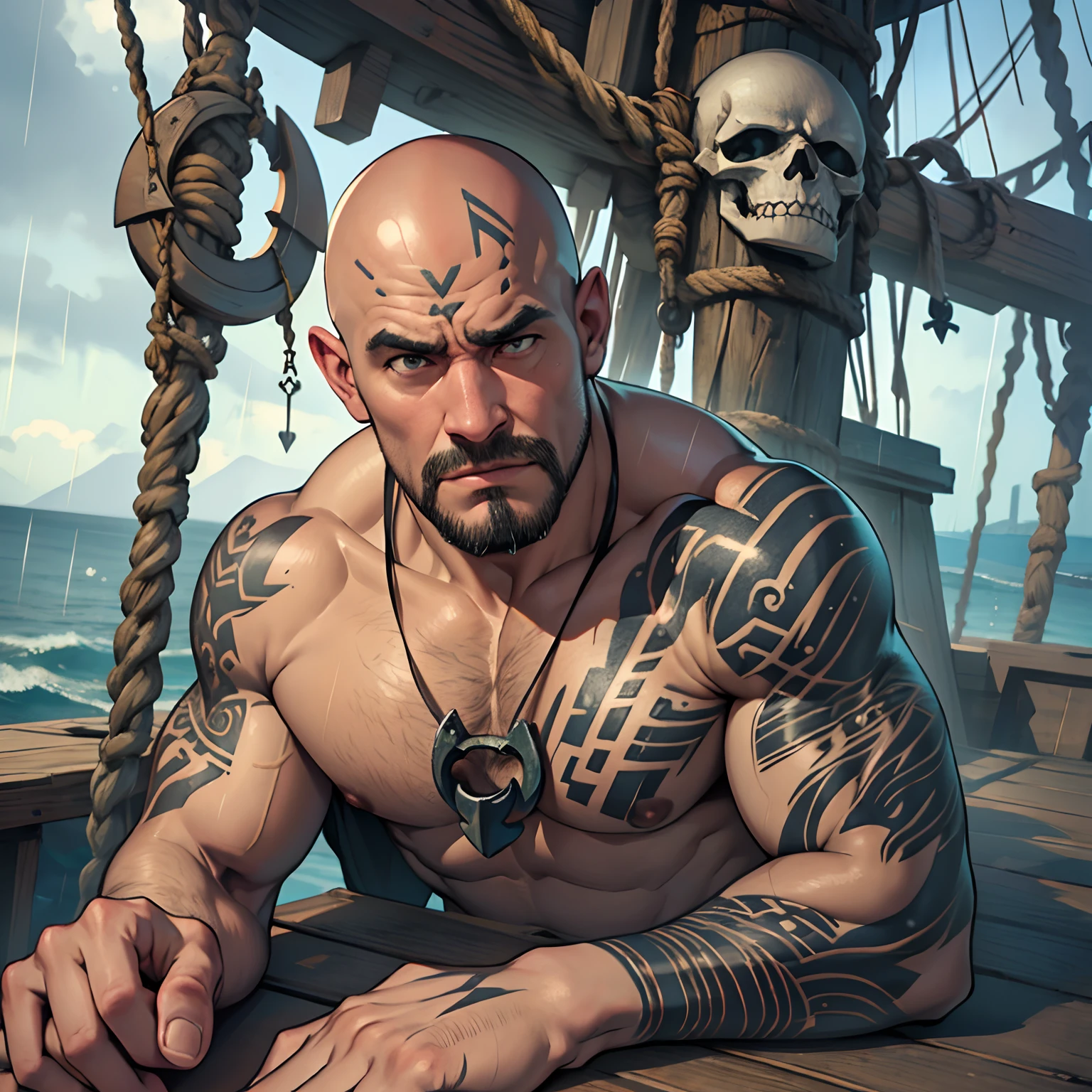 Middle-aged man with a lumpy face, bald head, Rune tattoo all over the body, Carrying a big anchor, Pirate Sailor, Rainy days, On the deck. Coppery skin, roar,