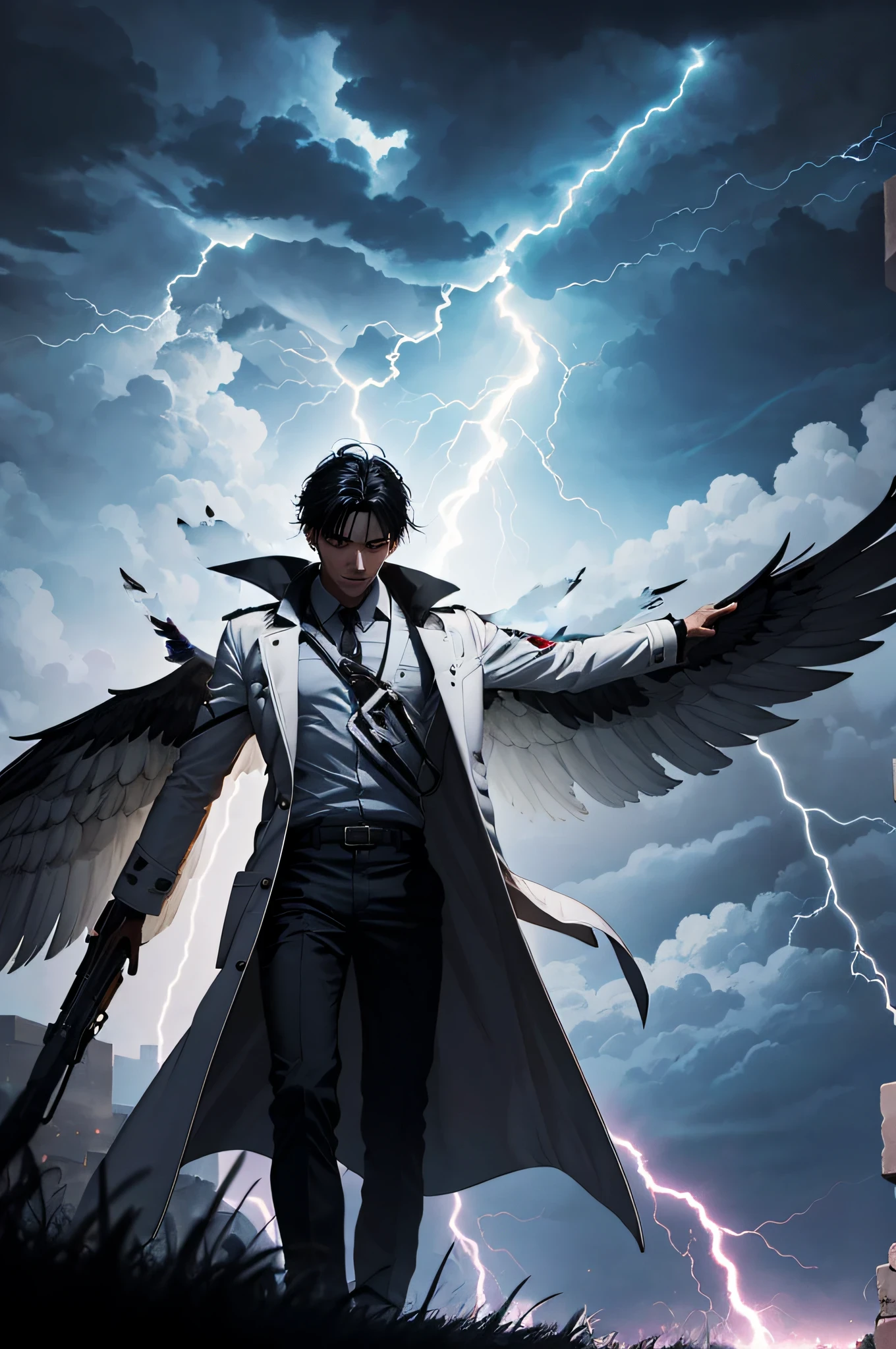 1man, black hair, white coat, in the night, in a war
shoulders ached as the wings pierced through my skin and released into the air. And the buzzing feeling of lightning shifting overlapped above that. Instantly, my body was enveloped in lightning.
