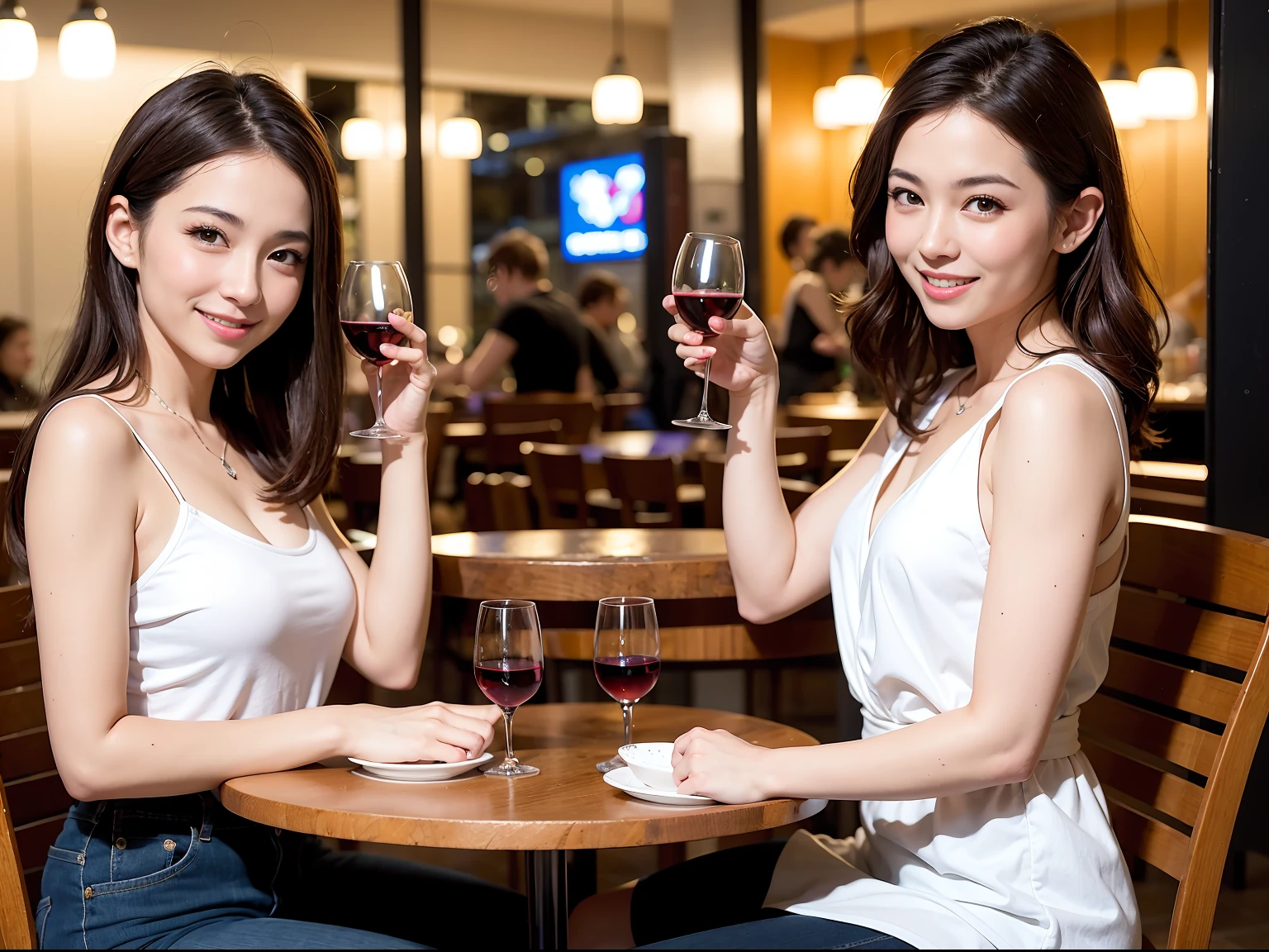(64K, UHD, top quality, masterpiece: 1.2), (realistic, photorealistic: 1.37), super detailed, pretty woman 1 person, (slim face), (slim body), (brown hair), (short cut), cheeks slightly blushing, (44 years old), 38 years old, solo, beautiful detailed urban night view outside the window, restaurant, wine glasses sit, at night, in a prominent placeNovaFrogStyle, Actress, Model, Waist Up, White Wine, Slim, Wine Glass, Super Clean Night View, Wine Glass Put in the Middle, Happy Smile, (Smile: 1.15), Beautiful Fine Eyes, Upper Body, Bust Japan Up, Night, Short, Short, Actress, Model, Waist Up, White Wine, Slim, Wine Glass, Super Clean Night View, Wine Glass Put in the Middle, Happy Smile,