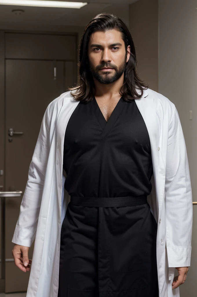 (a black haired hairy hunky male doctor in uniform with huge muscles,chest hair peeking through robe and full beard), (best quality,4k,8k,highres,masterpiece:1.2), ultra-detailed, (realistic,photorealistic,photo-realistic:1.37), professional, vivid colors, sharp focus, HDR, studio lighting,physically-based rendering,extremely detailed eyes and face, (intense,serious,thoughtful) expression, (confident,strong) posture, (clean,well-groomed) appearance, (modern,well-equipped) hospital background, (bright,white) lighting, [abstract art]