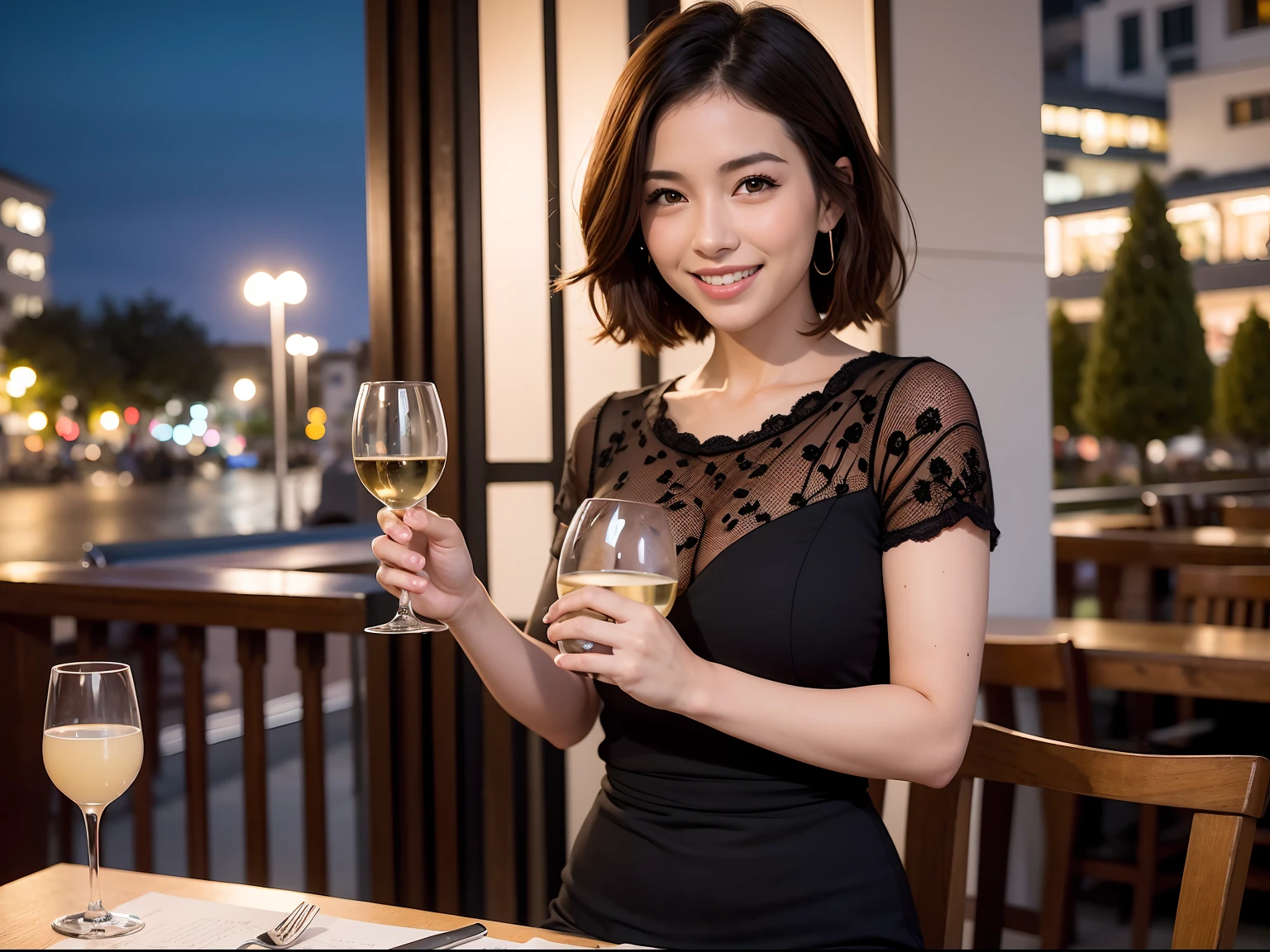 (64K, UHD, top quality, masterpiece: 1.2), (realistic, photorealistic: 1.37), super detailed, pretty woman 1 person, (slim face), (slim body), (brown hair), (short cut), cheeks slightly blushing, (44 years old), 38 years old, solo, beautiful detailed urban night view outside the window, restaurant, wine glasses sit, at night, in a prominent placeNovaFrogStyle, Actress, Model, Waist Up, White Wine, Slim, Wine Glass, Super Clean Night View, Wine Glass Put in the Middle, Happy Smile, (Smile: 1.15), Beautiful Fine Eyes, Upper Body, Bust Japan Up, Night, Short, Short, Actress, Model, Waist Up, White Wine, Slim, Wine Glass, Super Clean Night View, Wine Glass Put in the Middle, Happy Smile,