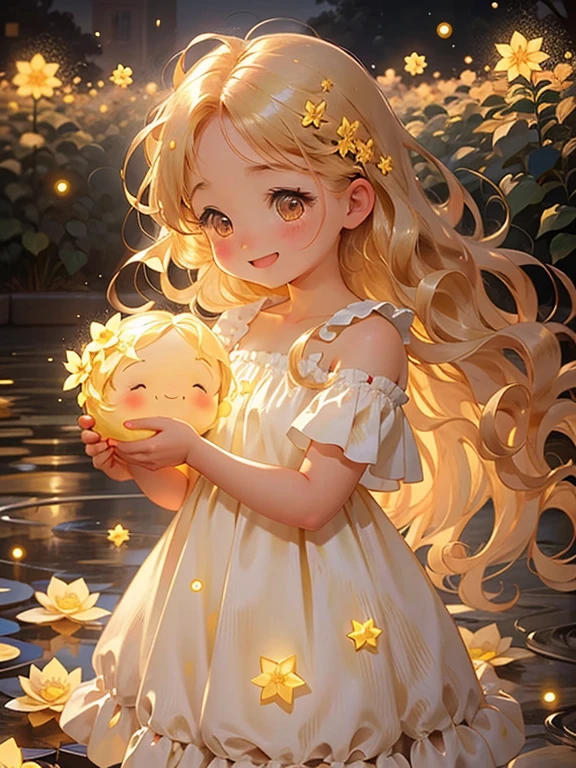 1girl in, Chibi, Cute, Long hair, Light blonde hair, glowing gold eyes, rose garden, Floral dress, Sunlight,Smile, Happy, Rose