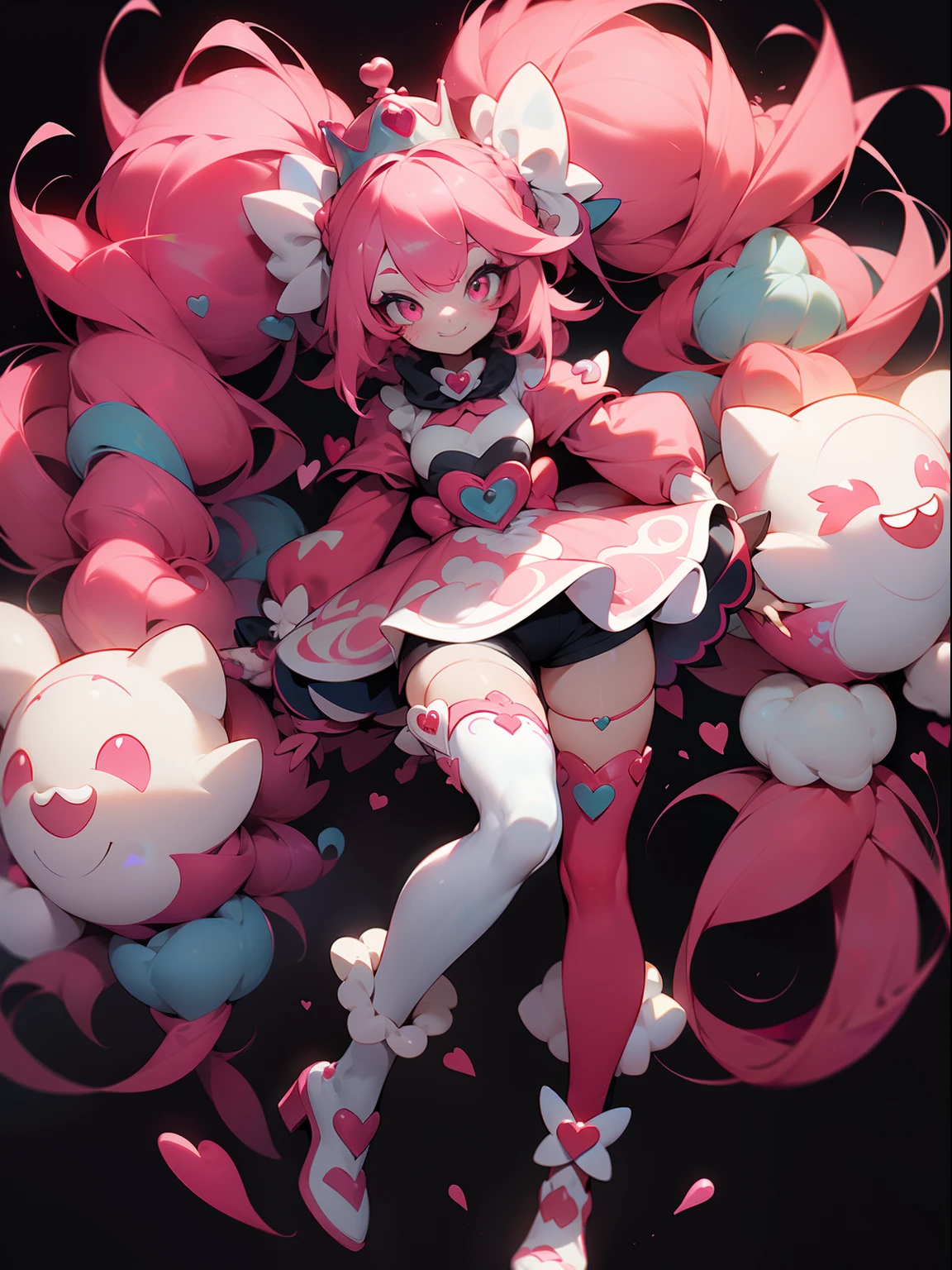 crazy cloud haired girl, pink hair, full body picture, pink eyes, heart shaped pupils, insane smile, blood splatter, 1GIRL, insane girl in long pink hair, crown, princess bubblegum style, finely detailed, (best quality), (intricate details), cute style, li, jester style, multicolored, ((long pink messiest hair in pigtails)), best quality, ((long sleeve shirt and shorts)), ((red and white clothes)), ((jester style clothes)), ((thigh high socks)), ((round eyes)), ((has jester makeup)), beautiful face, happy, cute face, pinup, perfect face, simple background portrait, clowh hear cards, bubble gums