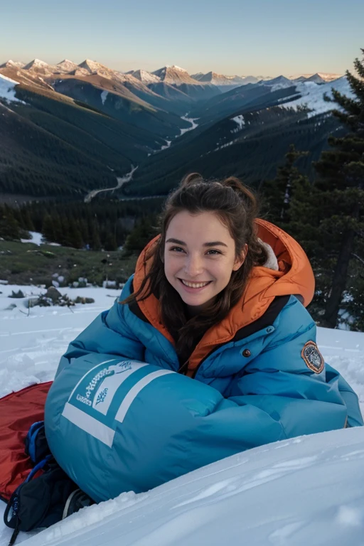 a wildeyed but happy female camper on top of mountain keeping warm in sleeping bag