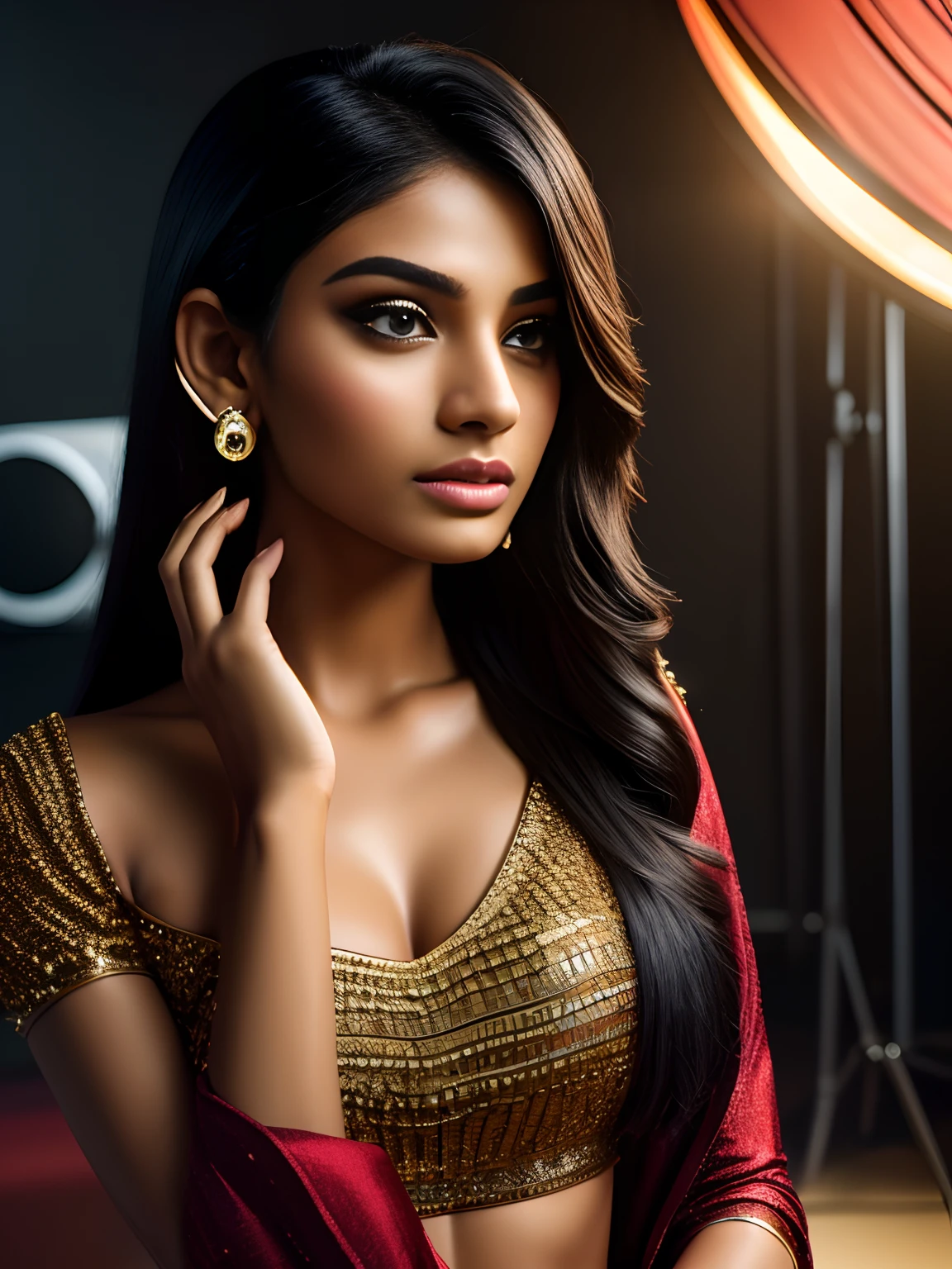 imagine a photoshoot inside studio, (ultra realistic:1.37), (extremely believable:1.6 picture) (intricate beautiful details of faces & eyes & ears & nose & lips & skin & body parts), of two beautiful 18 years old brown Tamil girls with long black hair normal breasts, wearing glamorous outfits, neat makeup, quality clothing brands, stylish footwears, beautiful background, minimal ornaments, vibrant colors hyper maximalized objects, cinematic lighting effects