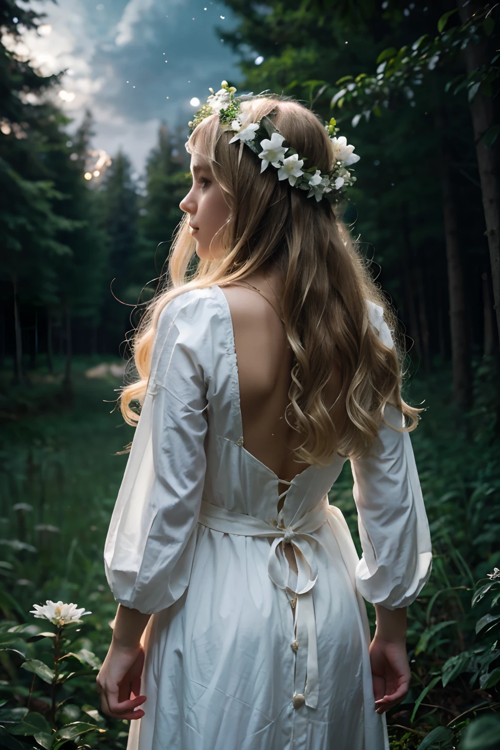 Little girl with blonde hair, wreath on his head, white long dress, Vintage Dress, Fantasy Clothing, rope belt, White flowers in hair, long flowing hair, Wavy Hair, A magical forest, Magic Lights, The girl is standing with her back, You can't see your face, realistic shot, filmstill, Flying Lights, night  sky, Starry sky in the background, Night Forest